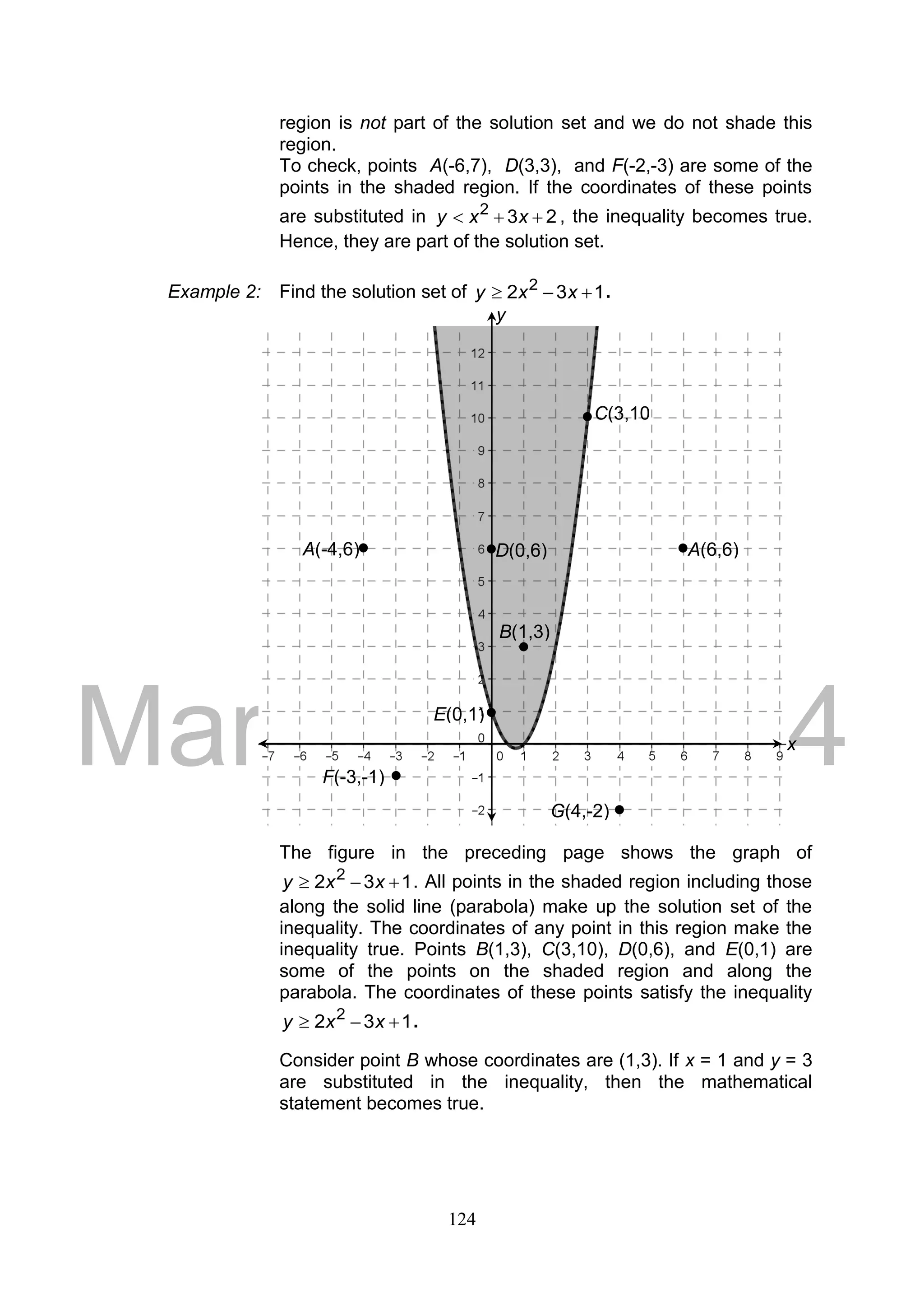 DRAFT
March 24, 2014
124
region is not part of the solution set and we do not shade this
region.
To check, points A(-6,7), D(3,3), and F(-2,-3) are some of the
points in the shaded region. If the coordinates of these points
are substituted in 232
 xxy , the inequality becomes true.
Hence, they are part of the solution set.
Example 2: Find the solution set of 132 2
 xxy .
The figure in the preceding page shows the graph of
132 2
 xxy . All points in the shaded region including those
along the solid line (parabola) make up the solution set of the
inequality. The coordinates of any point in this region make the
inequality true. Points B(1,3), C(3,10), D(0,6), and E(0,1) are
some of the points on the shaded region and along the
parabola. The coordinates of these points satisfy the inequality
132 2
 xxy .
Consider point B whose coordinates are (1,3). If x = 1 and y = 3
are substituted in the inequality, then the mathematical
statement becomes true.
Parabola
y
x
A(-4,6)
B(1,3)
C(3,10
)
D(0,6)
E(0,1)
A(6,6)
F(-3,-1)
G(4,-2)
 