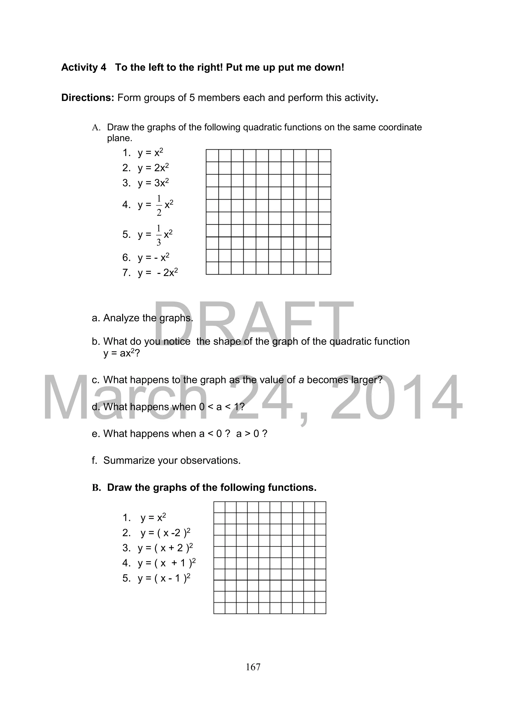 DRAFT
March 24, 2014
167
Activity 4 To the left to the right! Put me up put me down!
Directions: Form groups of 5 members each and perform this activity.
A. Draw the graphs of the following quadratic functions on the same coordinate
plane.
1. y = x2
2. y = 2x2
3. y = 3x2
4. y =
2
1
x2
5. y =
3
1
x2
6. y = - x2
7. y = - 2x2
a. Analyze the graphs.
b. What do you notice the shape of the graph of the quadratic function
y = ax2?
c. What happens to the graph as the value of a becomes larger?
d. What happens when 0 < a < 1?
e. What happens when a < 0 ? a > 0 ?
f. Summarize your observations.
B. Draw the graphs of the following functions.
1. y = x2
2. y = ( x -2 )2
3. y = ( x + 2 )2
4. y = ( x + 1 )2
5. y = ( x - 1 )2
 