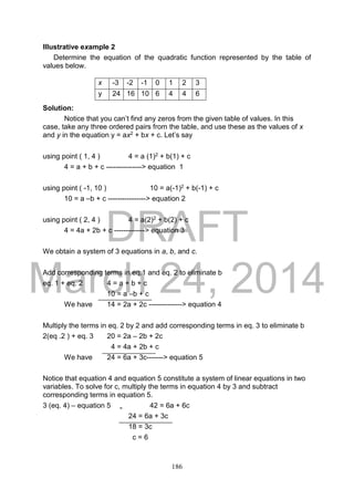 DRAFT
March 24, 2014
186
Illustrative example 2
Determine the equation of the quadratic function represented by the table of
values below.
Solution:
Notice that you can’t find any zeros from the given table of values. In this
case, take any three ordered pairs from the table, and use these as the values of x
and y in the equation y = ax2 + bx + c. Let’s say
using point ( 1, 4 ) 4 = a (1)2 + b(1) + c
4 = a + b + c ---------------> equation 1
using point ( -1, 10 ) 10 = a(-1)2 + b(-1) + c
10 = a –b + c ----------------> equation 2
using point ( 2, 4 ) 4 = a(2)2 + b(2) + c
4 = 4a + 2b + c -------------> equation 3
We obtain a system of 3 equations in a, b, and c.
Add corresponding terms in eq.1 and eq. 2 to eliminate b
eq. 1 + eq. 2 4 = a + b + c
10 = a –b + c
We have 14 = 2a + 2c --------------> equation 4
Multiply the terms in eq. 2 by 2 and add corresponding terms in eq. 3 to eliminate b
2(eq .2 ) + eq. 3 20 = 2a – 2b + 2c
4 = 4a + 2b + c
We have 24 = 6a + 3c-------> equation 5
Notice that equation 4 and equation 5 constitute a system of linear equations in two
variables. To solve for c, multiply the terms in equation 4 by 3 and subtract
corresponding terms in equation 5.
3 (eq. 4) – equation 5 42 = 6a + 6c
24 = 6a + 3c
18 = 3c
c = 6
x -3 -2 -1 0 1 2 3
y 24 16 10 6 4 4 6
-
 