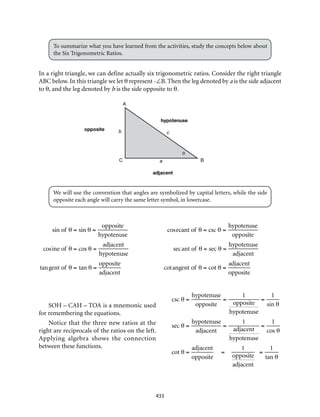 433
To summarize what you have learned from the activities, study the concepts below about
the Six Trigonometric Ratios.
In a right triangle, we can define actually six trigonometric ratios. Consider the right triangle
ABC below. In this triangle we let θ represent -∠B. Then the leg denoted by a is the side adjacent
to θ, and the leg denoted by b is the side opposite to θ.
We will use the convention that angles are symbolized by capital letters, while the side
opposite each angle will carry the same letter symbol, in lowercase.
sin of θ = sin θ =
opposite
hypotenuse
cosecant of θ = csc θ =
hypotenuse
opposite
cosine of θ = cos θ =
adjacent
hypotenuse
secant of θ = sec θ =
hypotenuse
adjacent
tangent of θ = tan θ =
opposite
adjacent
cotangent of θ = cot θ =
adjacent
opposite
SOH – CAH – TOA is a mnemonic used
for remembering the equations.
Notice that the three new ratios at the
right are reciprocals of the ratios on the left.
Applying algebra shows the connection
between these functions.
csc θ =
hypotenuse
opposite
=
1
opposite
hypotenuse
=
1
sin θ
sec θ =
hypotenuse
adjacent
=
1
adjacent
hypotenuse
=
1
cos θ
cot θ =
adjacent
opposite
=
1
opposite
adjacent
=
1
tan θ
A
C B
θ
a
b c
hypotenuse
adjacent
opposite
 