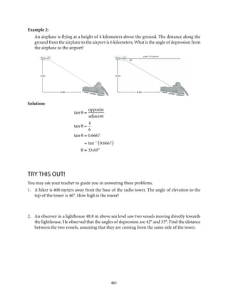 461
Example 2:
An airplane is flying at a height of 4 kilometers above the ground. The distance along the
ground from the airplane to the airport is 6 kilometers. What is the angle of depression from
the airplane to the airport?
Solution:
TRY THIS OUT!
You may ask your teacher to guide you in answering these problems.
1.	 A hiker is 400 meters away from the base of the radio tower. The angle of elevation to the
top of the tower is 46°. How high is the tower?
2.	 An observer in a lighthouse 48.8 m above sea level saw two vessels moving directly towards
the lighthouse. He observed that the angles of depression are 42° and 35°. Find the distance
between the two vessels, assuming that they are coming from the same side of the tower.
tan θ =
opposite
adjacent
tan θ =
4
6
tan θ = 0.6667
= tan–1
0.6667( )
θ = 33.69°
 