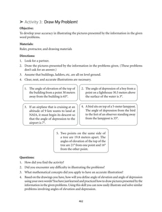 462
➤ Activity 3: Draw My Problem!
Objective:
To develop your accuracy in illustrating the pictures presented by the information in the given
word problems.
Materials:
Ruler, protractor, and drawing materials
Directions:
1.	 Look for a partner.
2.	 Draw the pictures presented by the information in the problems given. (These problems
don’t ask for an answer.)
3.	 Assume that buildings, ladders, etc. are all on level ground.
4.	 Clear, neat, and accurate illustrations are necessary.
1.	 The angle of elevation of the top of
the building from a point 30 meters
away from the building is 65°.
2.	 The angle of depression of a boy from a
point on a lighthouse 30.5 meters above
the surface of the water is 3°.
3.	 If an airplane that is cruising at an
altitude of 9 km wants to land at
NAIA, it must begin its descent so
that the angle of depression to the
airport is 7°.
4.	 A bird sits on top of a 5-meter lamppost.
The angle of depression from the bird
to the feet of an observer standing away
from the lamppost is 35°.
5.	 Two points on the same side of
a tree are 19.8 meters apart. The
angles of elevation of the top of the
tree are 21° from one point and 16°
from the other point.
Questions:
1.	 How did you find the activity?
2.	 Did you encounter any difficulty in illustrating the problems?
3.	 What mathematical concepts did you apply to have an accurate illustration?
4.	 Based on the drawings you have, how will you define angle of elevation and angle of depression
using your own words?You have just learned and practiced how to draw pictures presented by the
information in the given problems.Using this skill you can now easily illustrate and solve similar
problems involving angles of elevation and depression.
 