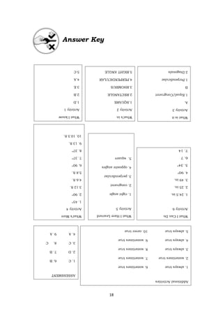18
Answer Key
What’s
More
Activity
4
1.
45°
2.
90°
3.12
ft.
4.6
ft.
5.8
ft.
6.
90°
7.
37°
8.
37°
9.
13
ft.
10.
10.5
ft.
What
I
Have
Learned
Activity
5
1.
right
angle
2.
congruent
3.
perpendicular
4.
opposite
angles
5.
square
What
I
Can
Do
Activity
6
1.
24.5
in.
2.
25
in.
3.
49
in.
4.
°
°
ASSESSMENT
1.
C
6.
B
2.
D
7.
B
3.
C
8.
C
4.
A
9.
A
5.
C
10.
A
Additional
Activities
1.
always
true
6.
sometimes
true
2.
sometimes
true
7.
sometimes
true
3.
always
true
8.
sometimes
true
4.
always
true
9.
sometimes
true
5.
always
true
10.
never
true
What
I
know
Activity
1
1.D
2.B
3.E
4.A
5.C
What’s
in
Activity
2
1.SQUARE
2.RECTANGLE
3.RHOMBUS
4.PERPENDICULAR
5.RIGHT
ANGLE
What
is
it
Activity
3
A.
1.Equal/Congruent
B
1.Perpendicular
2.Diagonals
 