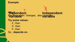 Example:
Why?
Because when changes, also changes.
Try some values:
if , then
If , then
if , then
So, depends on .
Dependent
variable
Independent
variable
 