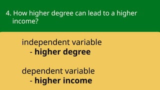 4. How higher degree can lead to a higher
income?
independent variable
- higher degree
dependent variable
- higher income
 