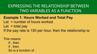 EXPRESSING THE RELATIONSHIP BETWEEN
TWO VARIABLES AS A FUNCTION
Example 1: Hours Worked and Total Pay
Let = number of hours worked
Let = total pay
If the pay rate is 150 per hour, then the relationship is:
This means:
If , then
if , then
So is a function of .
 