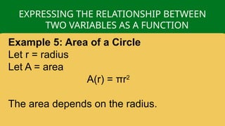 EXPRESSING THE RELATIONSHIP BETWEEN
TWO VARIABLES AS A FUNCTION
Example 5: Area of a Circle
Let r = radius
Let A = area
A(r) = πr2
The area depends on the radius.
 
