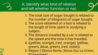 A. Identify what kind of relation
and tell whether function or not.
1. The total cost of sugar bought is related to
the number of kilograms of sugar bought.
2. The score obtained on a test is related to
the length of time spent in studying a
subject.
3. The distance traveled by a car is related to
the speed and the time it has traveled.
4. {(yellow, orange), (red, orange), (yellow,
green), (blue, green), (red, violet)}
5. Region I (Ilocos Norte, Ilocos Sur, La Union,
 