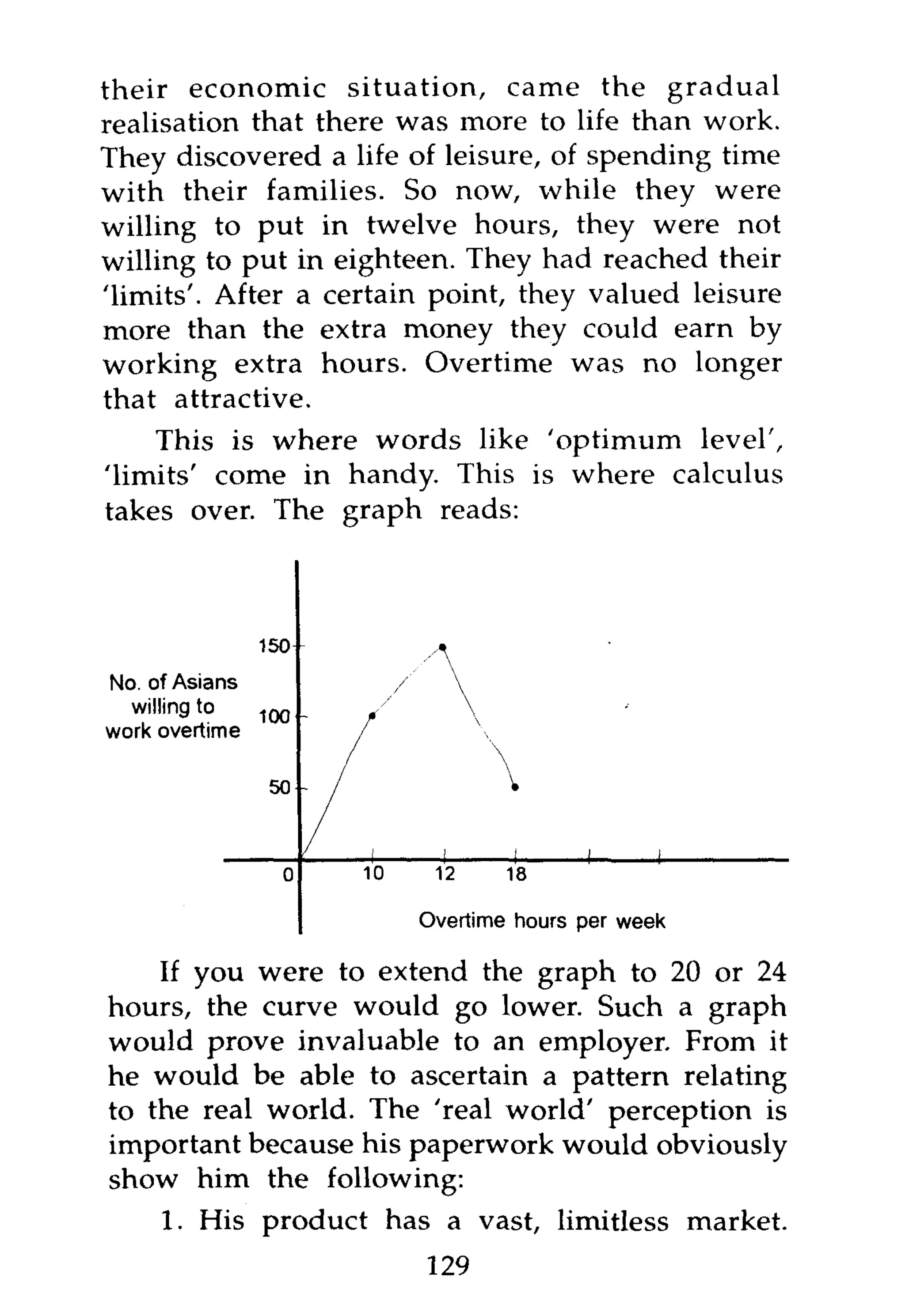 their economic situation, came the gradual
realisation that there was more to life than work.
They discovered a life of leisure, of spending time
with their families. So now, while they were
willing to put in twelve hours, they were not
willing to put in eighteen. They had reached their
'limits'. After a certain point, they valued leisure
more than the extra money they could earn by
working extra hours. Overtime was no longer
that attractive.
    This is where words like 'optimum level',
'limits' come in handy. This is where calculus
takes over. The graph reads:



                150
No. of Asians
  willing to    1Q0   _
work overtime

                 50 -



                          10    12     18

                               Overtime hours per week

    If you were to extend the graph to 20 or 24
hours, the curve would go lower. Such a graph
would prove invaluable to an employer. From it
he would be able to ascertain a pattern relating
to the real world. The 'real world' perception is
important because his paperwork would obviously
show him the following:
     1. His product has a vast, limitless market.
                               129
 