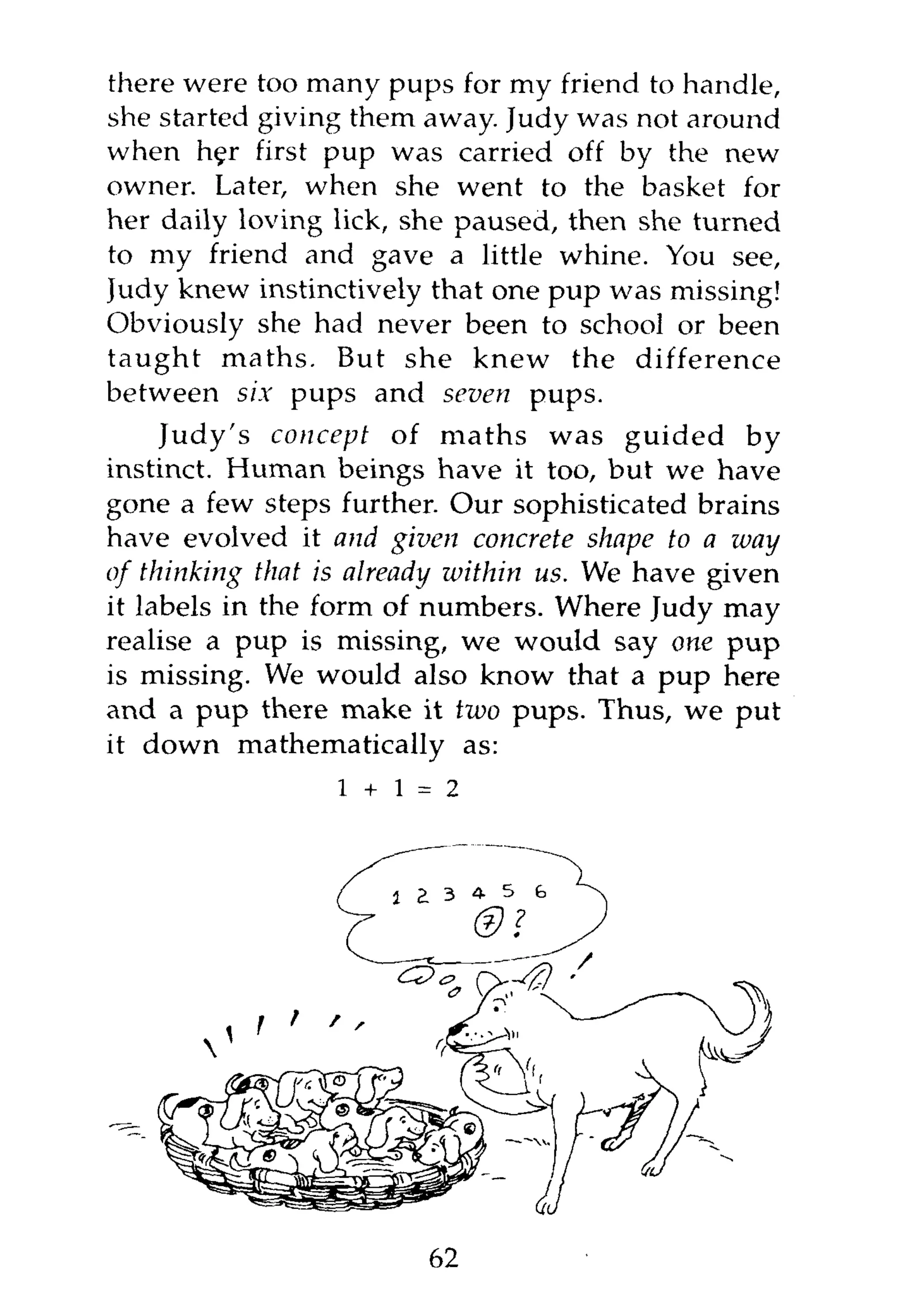 there were too many pups for my friend to handle,
she started giving them away. Judy was not around
when hgr first pup was carried off by the new
owner. Later, when she went to the basket for
her daily loving lick, she paused, then she turned
to my friend and gave a little whine. You see,
Judy knew instinctively that one pup was missing!
Obviously she had never been to school or been
taught maths. But she knew the difference
between six pups and seven pups.
     Judy's concept of maths was guided by
instinct. Human beings have it too, but we have
gone a few steps further. Our sophisticated brains
have evolved it and given concrete shape to a way
of thinking that is already within us. We have given
it labels in the form of numbers. Where Judy may
realise a pup is missing, we would say one pup
is missing. We would also know that a pup here
and a pup there make it two pups. Thus, we put
it down mathematically as:
                 1 + 1 = 2
 