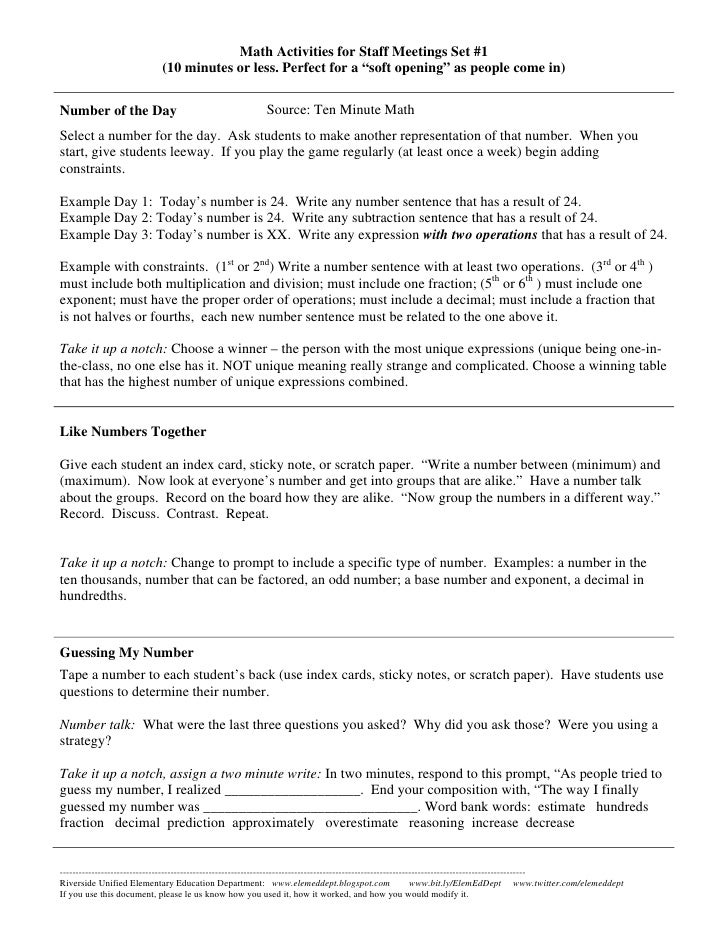 Math Activities For Staff Meetings Set 1