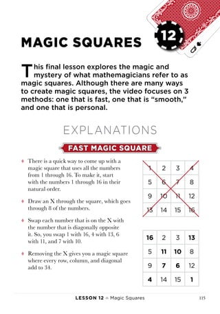 Lesson 12 ♠ Magic Squares 115
LESSON 12
MAGIC SQUARES
This final lesson explores the magic and
mystery of what mathemagicians refer to as
magic squares. Although there are many ways
to create magic squares, the video focuses on 3
methods: one that is fast, one that is “smooth,”
and one that is personal.
EXPLANATIONS
FAST MAGIC SQUARE
tt There is a quick way to come up with a
magic square that uses all the numbers
from 1 through 16. To make it, start
with the numbers 1 through 16 in their
natural order.
tt Draw an X through the square, which goes
through 8 of the numbers.
tt Swap each number that is on the X with
the number that is diagonally opposite
it. So, you swap 1 with 16, 4 with 13, 6
with 11, and 7 with 10.
tt Removing the X gives you a magic square
where every row, column, and diagonal
add to 34.
1 2 3 4
5 6 7 8
9 10 11 12
13 14 15 16
16 2 3 13
5 11 10 8
9 7 6 12
4 14 15 1
12
 