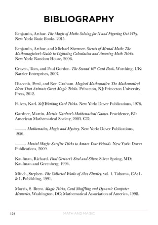 Math and Magic124
BIBLIOGRAPHY
Benjamin, Arthur. The Magic of Math: Solving for X and Figuring Out Why.
New York: Basic Books, 2015.
Benjamin, Arthur, and Michael Shermer. Secrets of Mental Math: The
Mathemagician’s Guide to Lightning Calculation and Amazing Math Tricks.
New York: Random House, 2006.
Craven, Tom, and Paul Gordon. The Second 16th
Card Book. Worthing, UK:
Natzler Enterprises, 2007.
Diaconis, Persi, and Ron Graham. Magical Mathematics: The Mathematical
Ideas That Animate Great Magic Tricks. Princeton, NJ: Princeton University
Press, 2012.
Fulves, Karl. Self-Working Card Tricks. New York: Dover Publications, 1976.
Gardner, Martin. Martin Gardner’s Mathematical Games. Providence, RI:
American Mathematical Society, 2005. CD.
———. Mathematics, Magic and Mystery. New York: Dover Publications,
1956.
———. Mental Magic: Surefire Tricks to Amaze Your Friends. New York: Dover
Publications, 2009.
Kaufman, Richard. Paul Gertner’s Steel and Silver. Silver Spring, MD:
Kaufman and Greenberg, 1994.
Minch, Stephen. The Collected Works of Alex Elmsley. vol. 1. Tahoma, CA: L
& L Publishing, 1991.
Morris, S. Brent. Magic Tricks, Card Shuffling and Dynamic Computer
Memories. Washington, DC: Mathematical Association of America, 1998.
 