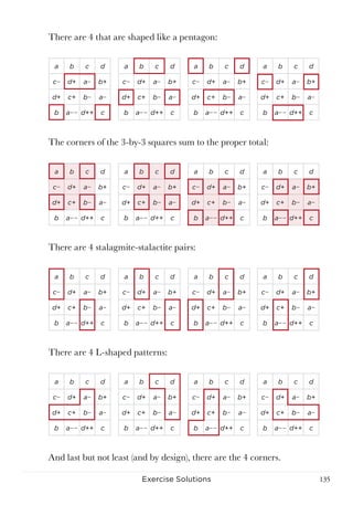 135Exercise Solutions
There are 4 that are shaped like a pentagon:
The corners of the 3-by-3 squares sum to the proper total:
There are 4 stalagmite-stalactite pairs:
There are 4 L-shaped patterns:
And last but not least (and by design), there are the 4 corners.
a b c d
c− d+ a− b+
d+ c+ b− a−
b a− − d++ c
a b c d
c− d+ a− b+
d+ c+ b− a−
b a− − d++ c
a b c d
c− d+ a− b+
d+ c+ b− a−
b a− − d++ c
a b c d
c− d+ a− b+
d+ c+ b− a−
b a− − d++ c
a b c d
c− d+ a− b+
d+ c+ b− a−
b a− − d++ c
a b c d
c− d+ a− b+
d+ c+ b− a−
b a− − d++ c
a b c d
c− d+ a− b+
d+ c+ b− a−
b a− − d++ c
a b c d
c− d+ a− b+
d+ c+ b− a−
b a− − d++ c
a b c d
c− d+ a− b+
d+ c+ b− a−
b a− − d++ c
a b c d
c− d+ a− b+
d+ c+ b− a−
b a− − d++ c
a b c d
c− d+ a− b+
d+ c+ b− a−
b a− − d++ c
a b c d
c− d+ a− b+
d+ c+ b− a−
b a− − d++ c
a b c d
c− d+ a− b+
d+ c+ b− a−
b a− − d++ c
a b c d
c− d+ a− b+
d+ c+ b− a−
b a− − d++ c
a b c d
c− d+ a− b+
d+ c+ b− a−
b a− − d++ c
a b c d
c− d+ a− b+
d+ c+ b− a−
b a− − d++ c
 