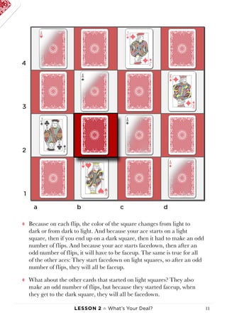 Lesson 2 ♠ What’s Your Deal? 11
tt Because on each flip, the color of the square changes from light to
dark or from dark to light. And because your ace starts on a light
square, then if you end up on a dark square, then it had to make an odd
number of flips. And because your ace starts facedown, then after an
odd number of flips, it will have to be faceup. The same is true for all
of the other aces: They start facedown on light squares, so after an odd
number of flips, they will all be faceup.
tt What about the other cards that started on light squares? They also
make an odd number of flips, but because they started faceup, when
they get to the dark square, they will all be facedown.
 