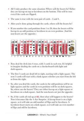 Lesson 2 ♠ What’s Your Deal? 13
tt All 3 rules produce the same situation: Where will the hearts be? Either
they are faceup on top or facedown on the bottom. This will be true
even if the cards are flipped.
tt The same is true with the next pair of cards—3 and 4.
tt After you’re done going through the cards, where will the hearts be?
tt If you number the card positions from 1 to 20, then the hearts will be
faceup in an odd position or facedown in an even position. (And the
non-hearts are the opposite.)
tt Now deal the deck into 4 rows, with 5 cards in each row. It’s helpful
to imagine dealing the cards on a checkerboard with light and
dark squares.
tt The first 5 cards are dealt left to right, starting with a light square. The
next 5 cards will start with a dark square whether you start from the left
or from the right.
tt So, after you deal the cards, the cards in the odd positions will be on
light squares and the cards in even positions will be on dark squares.
So, where are the hearts? They are either faceup on a light square or
facedown on a dark square. And the non-hearts are just the opposite.
tt So, if the cards all end up at B2, then what will happen to the hearts?
Now it becomes like the 4-Ace Surprise. A faceup heart is on a light
square, so it will take an odd number of flips and be facedown. A
facedown heart starts on a dark square, so it will take an even number
of flips and still be facedown.
 