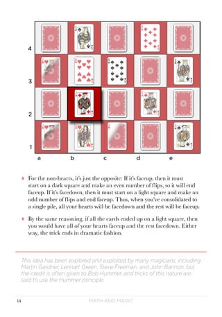 Math and Magic14
tt For the non-hearts, it’s just the opposite: If it’s faceup, then it must
start on a dark square and make an even number of flips, so it will end
faceup. If it’s facedown, then it must start on a light square and make an
odd number of flips and end faceup. Thus, when you’ve consolidated to
a single pile, all your hearts will be facedown and the rest will be faceup.
tt By the same reasoning, if all the cards ended up on a light square, then
you would have all of your hearts faceup and the rest facedown. Either
way, the trick ends in dramatic fashion.
This idea has been explored and exploited by many magicians, including
Martin Gardner, Lennart Green, Steve Freeman, and John Bannon, but
the credit is often given to Bob Hummer, and tricks of this nature are
said to use the Hummer principle.
 