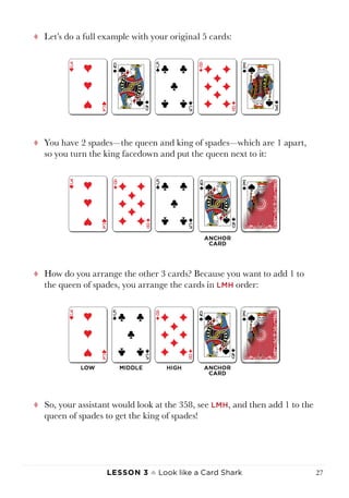 Lesson 3 ♠ Look like a Card Shark 27
tt Let’s do a full example with your original 5 cards:
tt You have 2 spades—the queen and king of spades—which are 1 apart,
so you turn the king facedown and put the queen next to it:
tt How do you arrange the other 3 cards? Because you want to add 1 to
the queen of spades, you arrange the cards in LMH order:
tt So, your assistant would look at the 358, see LMH, and then add 1 to the
queen of spades to get the king of spades!
 