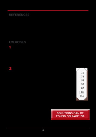 Lesson 7 ♠ Magic with Numbers 67
REFERENCES
Benjamin, The Magic of Math.
Benjamin and Shermer, Secrets of Mental Math.
Gardner, Mathematics, Magic and Mystery.
Gardner, Mental Magic.
EXERCISES
1	 Take any 3-digit PIN and enter it twice so that it reads as a 6-digit
number. (For example, the PIN 123 would be entered as 123123.) Using
a calculator, divide that number by 13, then divide by 11, and then
divide by the original PIN. You should now be looking at the number
7. Why does that work? What would you get if you first divided by 23,
then by 16, and then by the PIN?
2	 Start with any 3 different positive numbers from 1 to
9 and create all possible 2-digit numbers that you can
from them, listing them in a column. (There should be 6
numbers.) For example, if you started with 358, you would
create the numbers as shown at right.
Next, divide this total by the sum of the original 3
numbers. Here, 3 + 5 + 8 = 16, and when you divide 352
by this you get 352 ÷ 16 = 22. Explain why you will always
get an answer of 22.
35
38
53
58
83
+ 85
352
SOLUTIONS CAN BE
FOUND ON PAGE 130.
SOLUTIONS CAN BE
FOUND ON PAGE 130.
 