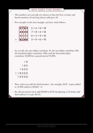 Math and Magic76
WHY DOES THIS WORK?
¸¸ The numbers on each side are chosen so that the first, second, and
fourth numbers of each log always add up to 18.
¸¸ For example, in the last example, you have what follows.
5 7 6 3
4 9 3 9
8 5 3 3
+ 9 2 9 6
¸¸ As a result, the ones digits contribute 18, the tens digits contribute 180,
the hundreds digits contribute 1800, and the thousands digits
contribute 18,000 for a grand total of 19,998.
1 8
1 8 0
1 8 0 0
+ 1 8 0 0 0
1 9 9 9 8
¸¸ Now, when you add the third number—for example, 8533—it gets added
to 19,998 (which is 20,000 − 2).
¸¸ So, all you need to do is add 20,000 to 8533 (by placing a 2 in front) and
then subtract 2 to get 28,531.
 