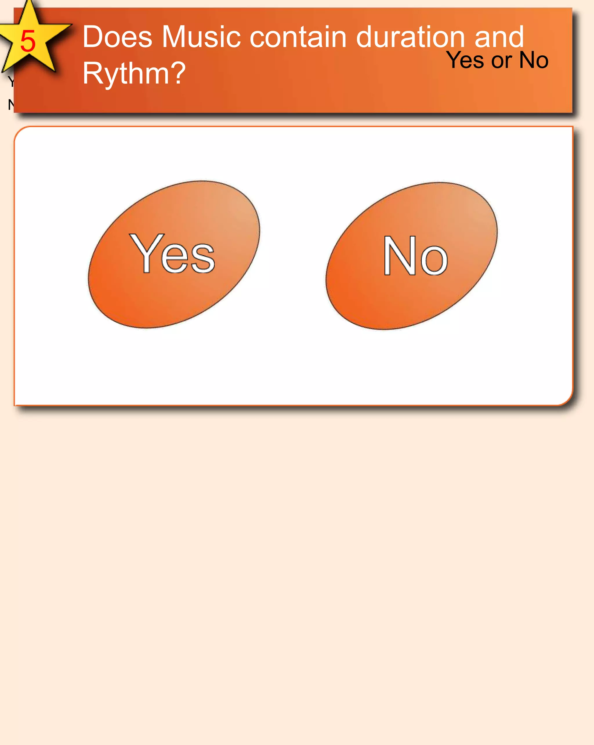 Does Music contain duration and Rythm?5Yes or NoYesNo
