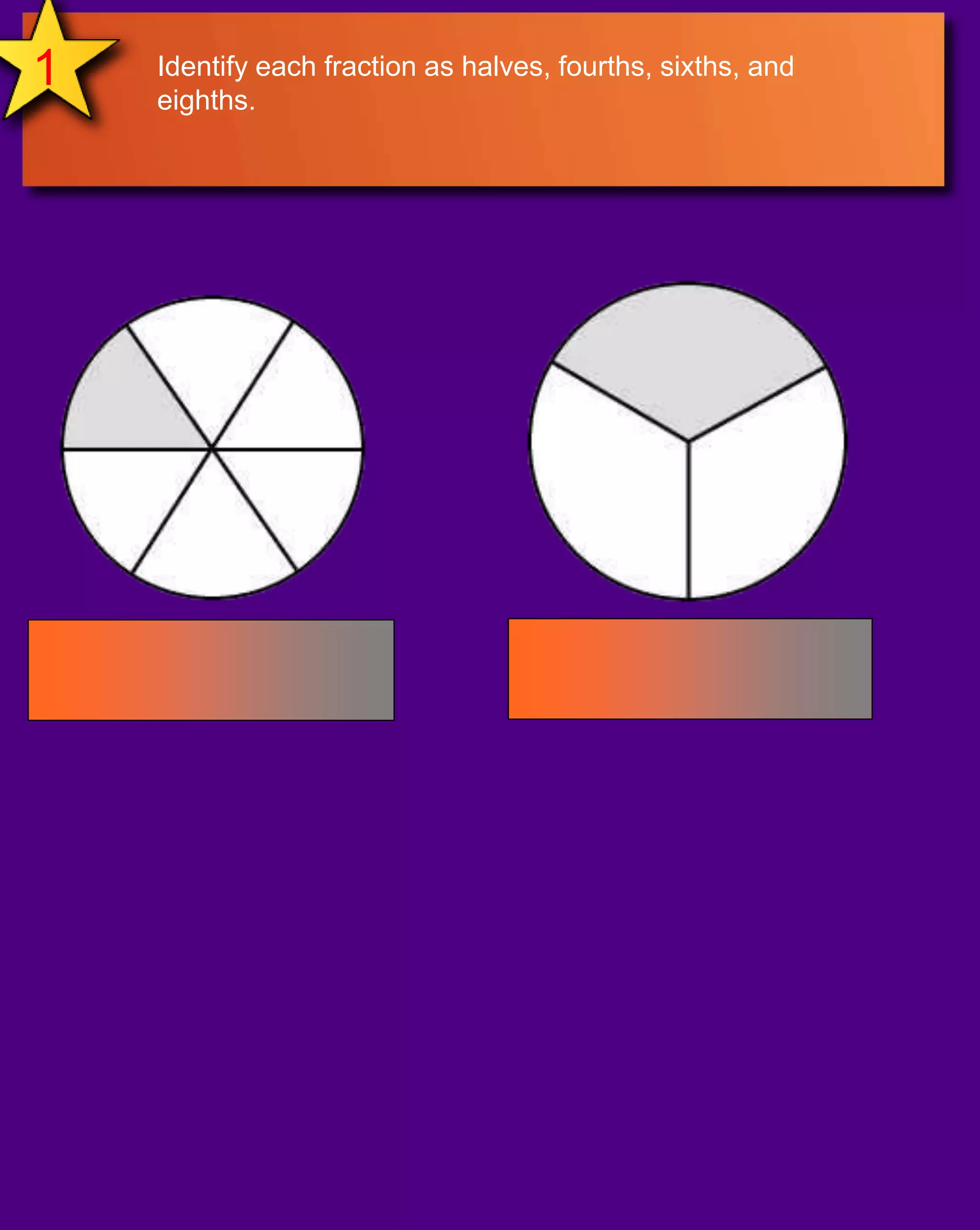 1Identify each fraction as halves, fourths, sixths, and eighths. 1/3 one third 16one sixth