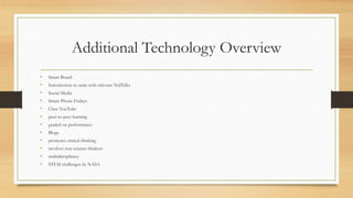 Additional Technology Overview
• Smart Board
• Introduction to units with relevant TedTalks
• Social Media
• Smart Phone Fridays
• Class YouTube
• peer-to-peer learning
• graded on performance
• Blogs
• promotes critical thinking
• involves non-science thinkers
• multidisciplinary
• STEM challenges by NASA
 