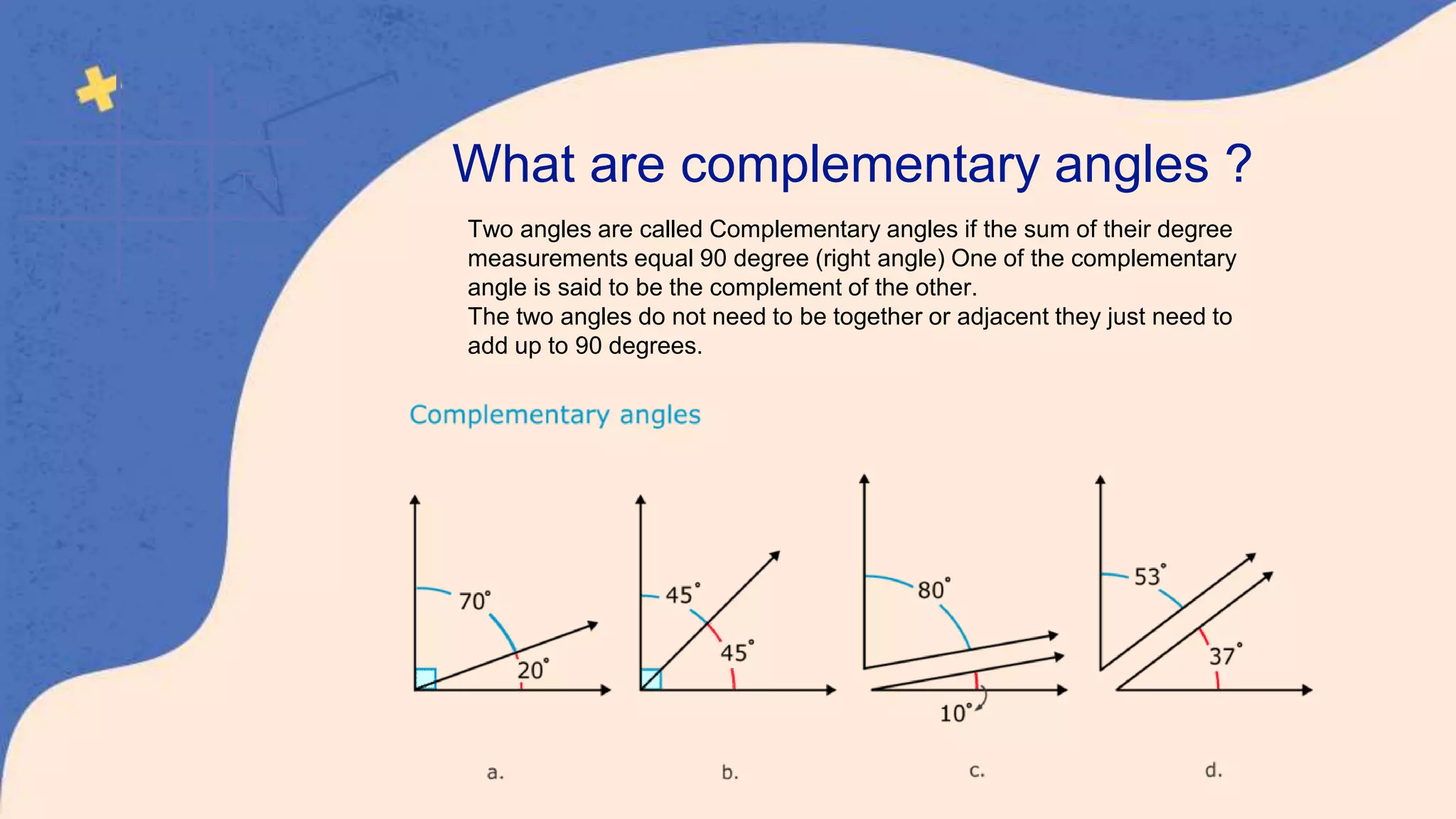 V 5 Five
X 10 Ten
L 50 Fifty
What are complementary angles ?
Two angles are called Complementary angles if the sum of their degree
measurements equal 90 degree (right angle) One of the complementary
angle is said to be the complement of the other.
The two angles do not need to be together or adjacent they just need to
add up to 90 degrees.
 
