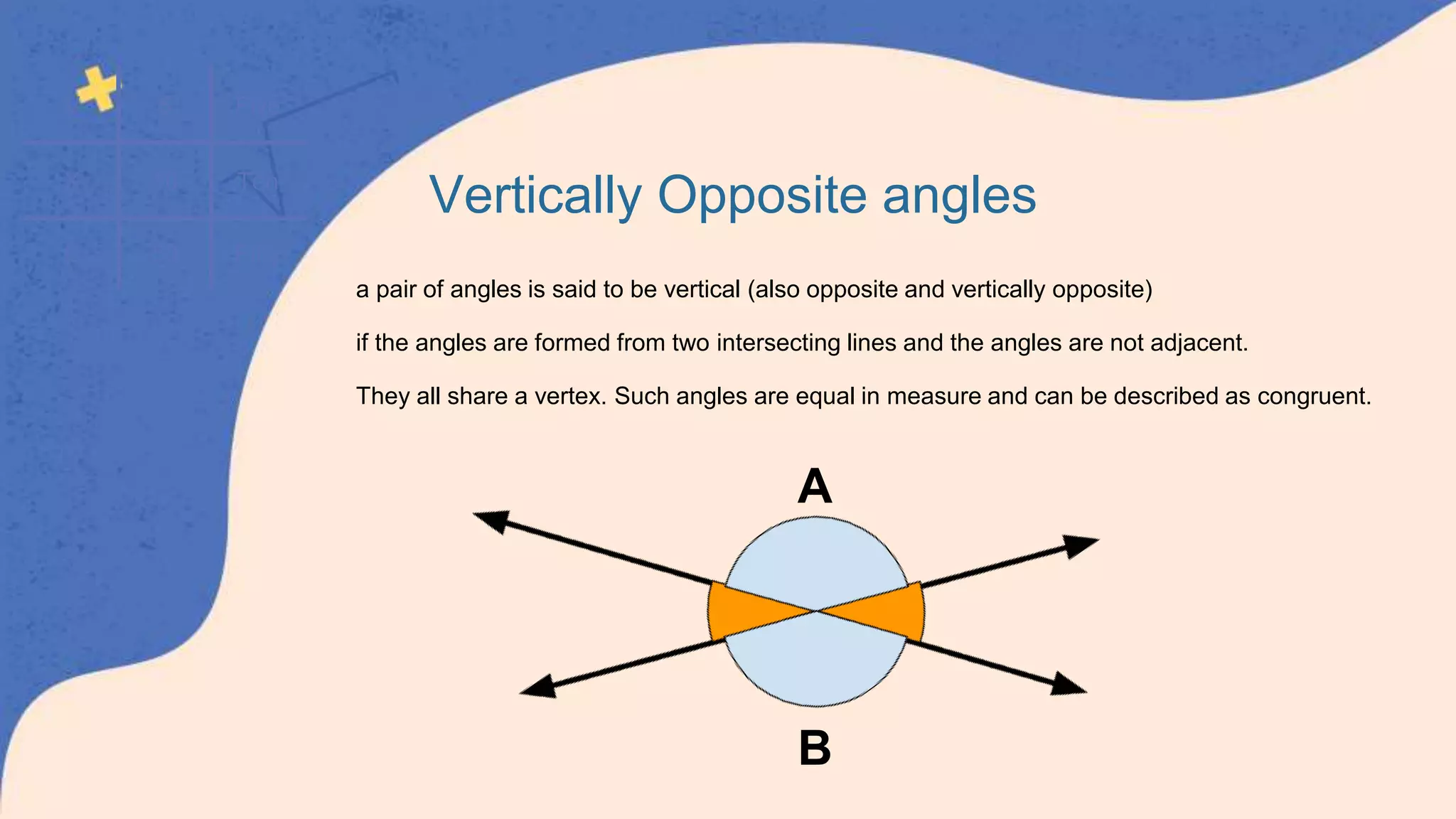V 5 Five
X 10 Ten
L 50 Fifty
a pair of angles is said to be vertical (also opposite and vertically opposite)
if the angles are formed from two intersecting lines and the angles are not adjacent.
They all share a vertex. Such angles are equal in measure and can be described as congruent.
Vertically Opposite angles
A
B
 