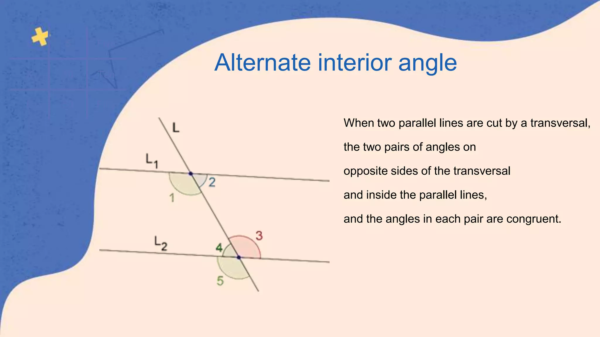 V 5 Five
X 10 Ten
L 50 Fifty
When two parallel lines are cut by a transversal,
the two pairs of angles on
opposite sides of the transversal
and inside the parallel lines,
and the angles in each pair are congruent.
Alternate interior angle
 