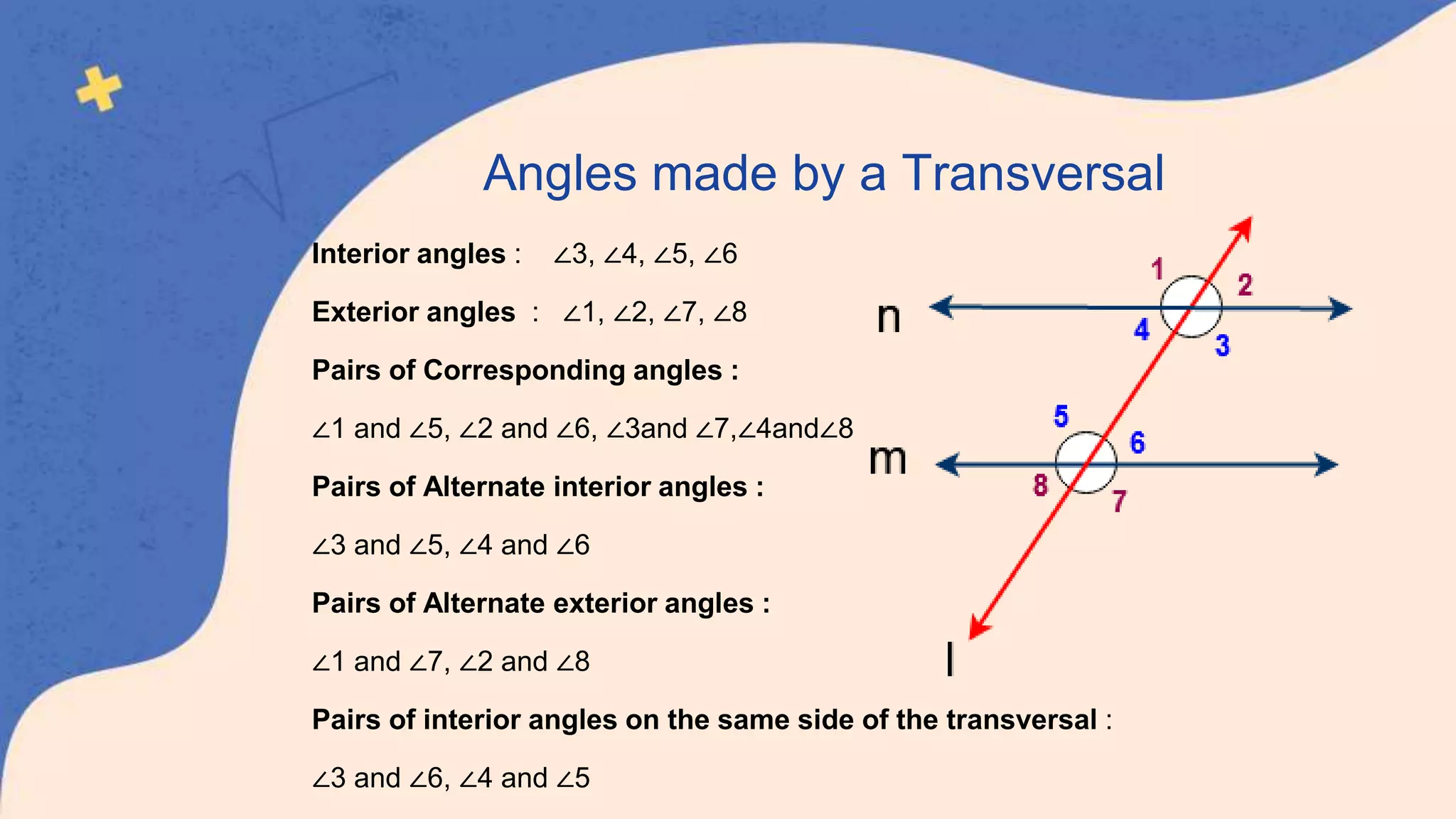 Interior angles : ∠3, ∠4, ∠5, ∠6
Exterior angles : ∠1, ∠2, ∠7, ∠8
Pairs of Corresponding angles :
∠1 and ∠5, ∠2 and ∠6, ∠3and ∠7,∠4and∠8
Pairs of Alternate interior angles :
∠3 and ∠5, ∠4 and ∠6
Pairs of Alternate exterior angles :
∠1 and ∠7, ∠2 and ∠8
Pairs of interior angles on the same side of the transversal :
∠3 and ∠6, ∠4 and ∠5
Angles made by a Transversal
 