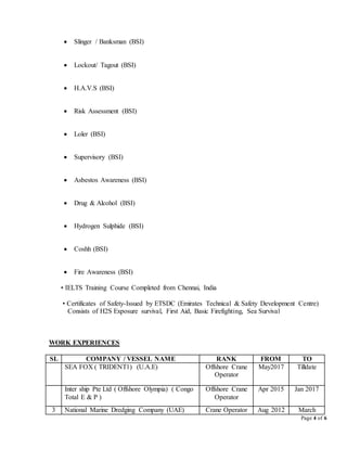 Page 4 of 6
 Slinger / Banksman (BSI)
 Lockout/ Tagout (BSI)
 H.A.V.S (BSI)
 Risk Assessment (BSI)
 Loler (BSI)
 Supervisory (BSI)
 Asbestos Awareness (BSI)
 Drug & Alcohol (BSI)
 Hydrogen Sulphide (BSI)
 Coshh (BSI)
 Fire Awareness (BSI)
• IELTS Training Course Completed from Chennai, India
• Certificates of Safety-Issued by ETSDC (Emirates Technical & Safety Development Centre)
Consists of H2S Exposure survival, First Aid, Basic Firefighting, Sea Survival
WORK EXPERIENCES
SL COMPANY / VESSEL NAME RANK FROM TO
 1
0
1
SEA FOX ( TRIDENT1) (U.A.E) Offshore Crane
Operator
May2017 Tilldate
1. 1Inter ship Pte Ltd ( Offshore Olympia) ( Congo
Total E & P )
Offshore Crane
Operator
Apr 2015 Jan 2017
3 National Marine Dredging Company (UAE) Crane Operator Aug 2012 March
 