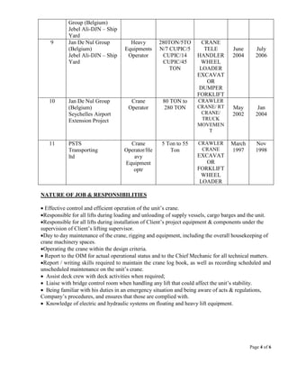 Page 4 of 6
Group (Belgium)
Jebel Ali-DJN – Ship
Yard
9 Jan De Nul Group
(Belgium)
Jebel Ali-DJN – Ship
Yard
Heavy
Equipments
Operator
280TON/5TO
N/7 CUPIC/5
CUPIC/14
CUPIC/45
TON
CRANE
TELE
HANDLER
WHEEL
LOADER
EXCAVAT
OR
DUMPER
FORKLIFT
June
2004
July
2006
10 Jan De Nul Group
(Belgium)
Seychelles Airport
Extension Project
Crane
Operator
80 TON to
280 TON
CRAWLER
CRANE/ RT
CRANE/
TRUCK
MOVEMEN
T
May
2002
Jan
2004
11 PSTS
Transporting
ltd
Crane
Operator/He
avy
Equipment
optr
5 Ton to 55
Ton
CRAWLER
CRANE
EXCAVAT
OR
FORKLIFT
WHEEL
LOADER
March
1997
Nov
1998
NATURE OF JOB & RESPONSIBILITIES
 Effective control and efficient operation of the unit’s crane.
Responsible for all lifts during loading and unloading of supply vessels, cargo barges and the unit.
Responsible for all lifts during installation of Client’s project equipment & components under the
supervision of Client’s lifting supervisor.
Day to day maintenance of the crane, rigging and equipment, including the overall housekeeping of
crane machinery spaces.
Operating the crane within the design criteria.
 Report to the OIM for actual operational status and to the Chief Mechanic for all technical matters.
Report / writing skills required to maintain the crane log book, as well as recording scheduled and
unscheduled maintenance on the unit’s crane.
 Assist deck crew with deck activities when required;
 Liaise with bridge control room when handling any lift that could affect the unit’s stability.
 Being familiar with his duties in an emergency situation and being aware of acts & regulations,
Company’s procedures, and ensures that those are complied with.
 Knowledge of electric and hydraulic systems on floating and heavy lift equipment.
 