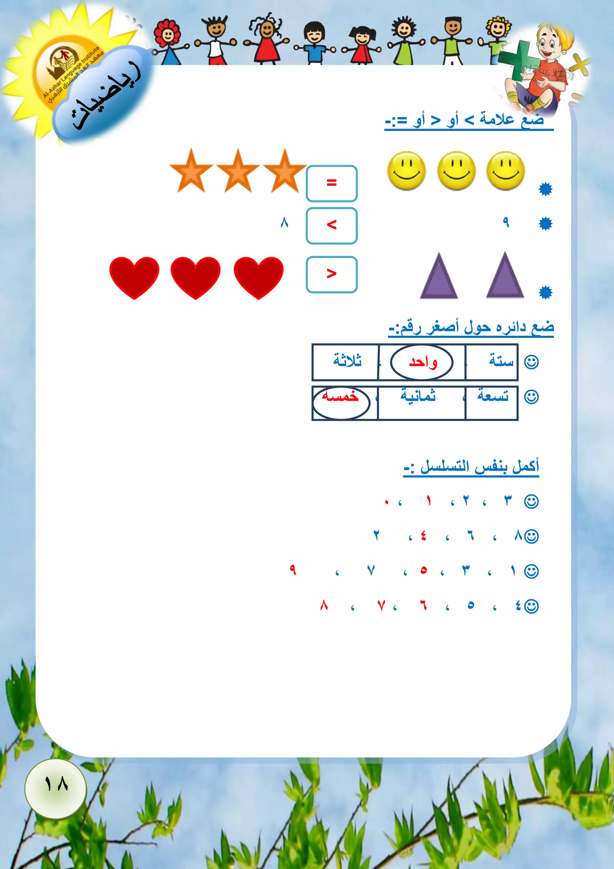 18 
ضع علامة < أو > أو =:- 
 
 8 9 
 
ضع دائره حول أصغر رقم:- 
 ستة , واحد , ثلاثة 
 تسعة , ثمانية , خمسة 
أكمل بنفس التسلسل :- 
 1 , 1 , 2 , 3 
 2 , 4 , 6 , 8 
 9 , 7 , 5 , 3 , 1 
 8 , 7 , 6 , 5 , 4 
= 
< 
> 
 