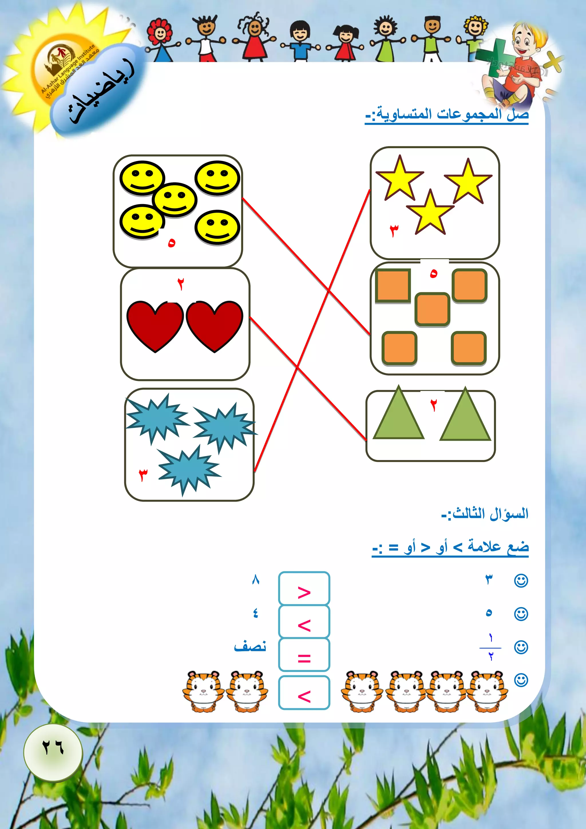 26 
صل المجموعات المتساوية:- 
السؤال الثالث:- 
ضع علامة < أو > أو = :- 
 8 3 
 4 5 
 نصف 
 
> 
= 
> 
< 
3 
2 
2 
5 
5 
3 
 