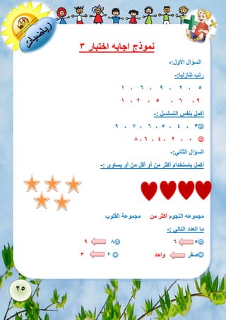 25 
نموذج اجابه اختبار 3 
السؤال الأول:- 
رتب تنازليا:- 
1 , 6 , 9 , 2 , 5 
1 , 2 , 5 , 6 , 9 
أكمل بنفس التسلسل :- 
 9 , 7 , 6 , 5 , 4 , 3 
 8 , 6 , 4 , 2 , 1 
السؤال الثاني:- 
أكمل باستخدام أكثر من أو أقل من أو يساوي :- 
مجموعه النجوم أكثر من مجموعة القلوب 
ما العدد التالي :- 
 6 5  9 8 
صفر واحد  3 2 
 