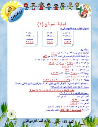 4 
) إجابة نموذج ) 1 
السؤال الأول : أوجد ناتج ما يلى :- 
2( أكمل:- 
أ( العدد الواقع بين 9111 و 1009 هو 2333 
ب( القيمة المكانية للرقم صفر فى العدد 20601 هو الآف 
9132 + )9126 + 5834 ( = )3285 + 9126( + ج( 2304 
3354 = 3 -333 + 3252 = 11 + د( 9126 
83333 = 900 + هـ( 30000 
432 = 2000 – س( 2306 
) 3334 +1904( = ) 2334 + ح( ) 9903 
ط( 00 ألف = 3333 عشرة. 
2334 = 3 + 3333 + 3335 = 9009 + ظ( 9002 
-3 مصنع الانتاج السيارات أنتج فى الشهر الأول 2542 سيارة وفى الشهر التالى 32853 
سيارة ، أوجد مقدار الزيادة. فى عدد السيارات؟ 
35385 سيارة. = 2542 – مقدار الزيادة = 32853 
)3 ، 2 ، 3 ، 5 ، 5( من الأرقام ) 8 
أكتب أكبر عدد أصغر عدد 
أكبر عدد = 85323 
أصغر عدد = 23358 
53 ألفا و 33 آحاد= 53333 )أكتب الأرقام( )4 
64000 خمسة وستون ألفا وثلاثة )اكتب بالحروف( 
42391 
96312 + 
ــــــــــــ 
43233 
3146 
9023 - 
ــــــــــــ 
4238 
1294 
0300 + 
ــــــــــــ 
2 3 5 4 
 