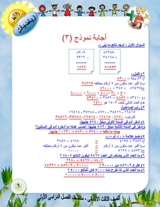 6 
) أجابة نموذج ) 3 
السؤال الأول : أوجد ناتج ما يلى :- 
2( أكمل:- 
أ( 30 مائة = 8333 
ب( أكبر عدد مكون من 4 أرقام مختلفه 88424 
82333 + 024 = ج( 36204 
83333 + 2333 + 533+ 33 + 4 = 
43533 + 0346 = 5842 + د( 40290 
هـ( العدد التالى للعدد 9201 هو 3533 
3( رتب تصاعدي ا : 
96492 ، 04323 ، 3630 ، 03496 ، 96294 
38432 ،34458 ،32435 ، 32534 ، الترتيب: 8243 
5( ادخر أدم فى السنة الأولى مبلغ 4453 جنيه ا : 
وادخر فى السنة الثانية مبلغ 5883 جنيها ، احسب عمله ما أدخره أدم فى السنتين؟ 
33233 جنيه ا . = 5883 + جمله ما دفعه = 4453 
4( ضع علامة > ، < أو = :- 
0346 + 2933 < 2934 + أ( 0346 
ب( أكبر عدد مكون من 2 أرقام < أكبر عدد مكون من 2 أرقام مختلفه 
90000 = 4913 + ج( 2330 
؟ 2( ما العدد الذى يضاف إلى العدد 4524 ليكون الناتج 8534 
2853 = 4524 – 8534 
55383 = 54238 – 83333 ؟ 4( اطرح 54238 من 83333 
؟ 8( ما العدد الذى إذا طرح منه 4333 كان الناتج 4333 
33333 = 4333 + 4333 
23034 
02963 + 
ــــــــــــ 
83443 
3101 
6091 - 
ــــــــــــ 
3884 
