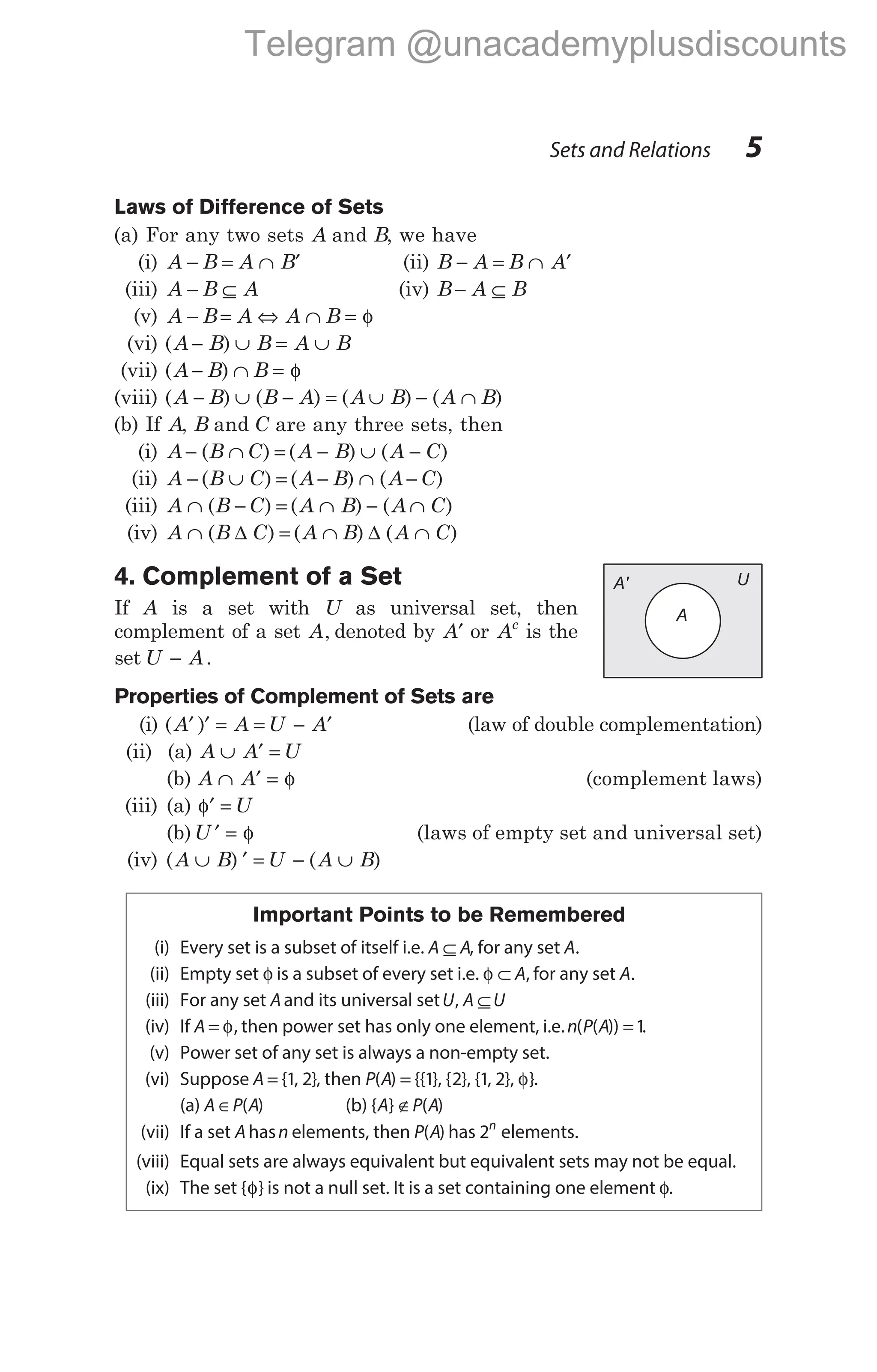 Laws of Difference of Sets
(a) For any two sets A and B, we have
(i) A B A B
− = ∩ ′ (ii) B A B A
− = ∩ ′
(iii) A B A
− ⊆ (iv) B A B
− ⊆
(v) A B A
− = ⇔ A B
∩ = φ
(vi) ( )
A B B A B
− ∪ = ∪
(vii) ( )
A B B
− ∩ = φ
(viii) ( ) ( )
A B B A
− ∪ − = ∪ − ∩
( ) ( )
A B A B
(b) If A, B and C are any three sets, then
(i) A B C A B A C
− ∩ = − ∪ −
( ) ( ) ( )
(ii) A B C A B A C
− ∪ = − ∩ −
( ) ( ) ( )
(iii) A B C A B A C
∩ − = ∩ − ∩
( ) ( ) ( )
(iv) A B C A B A C
∩ = ∩ ∩
( ) ( ) ( )
∆ ∆
4. Complement of a Set
If A is a set with U as universal set, then
complement of a set A, denoted by A′ or Ac
is the
set U A
− .
Properties of Complement of Sets are
(i) ( )
A A U A
′ ′ = = − ′ (law of double complementation)
(ii) (a) A A U
∪ ′ =
(b) A A
∩ ′ = φ (complement laws)
(iii) (a) φ′ = U
(b)U ′ = φ (laws of empty set and universal set)
(iv) ( ) ( )
A B U A B
∪ ′ = − ∪
Important Points to be Remembered
(i) Every set is a subset of itself i.e. A A
⊆ , for any set A.
(ii) Empty set φ is a subset of every set i.e. φ ⊂ A, for any set A.
(iii) For any set Aand its universal setU, A U
⊆
(iv) If A = φ, then power set has only one element, i.e.n P A
( ( )) =1.
(v) Power set of any set is always a non-empty set.
(vi) Suppose A = { , }
1 2 , then P A
( ) {{ }, { }, { , }, }
= φ
1 2 1 2 .
(a) A P A
∈ ( ) (b) { } ( )
A P A
∉
(vii) If a set Ahasn elements, then P A
( ) has 2n
elements.
(viii) Equal sets are always equivalent but equivalent sets may not be equal.
(ix) The set { }
φ is not a null set. It is a set containing one element φ.
Sets and Relations 5
A' U
A
Telegram @unacademyplusdiscounts
 