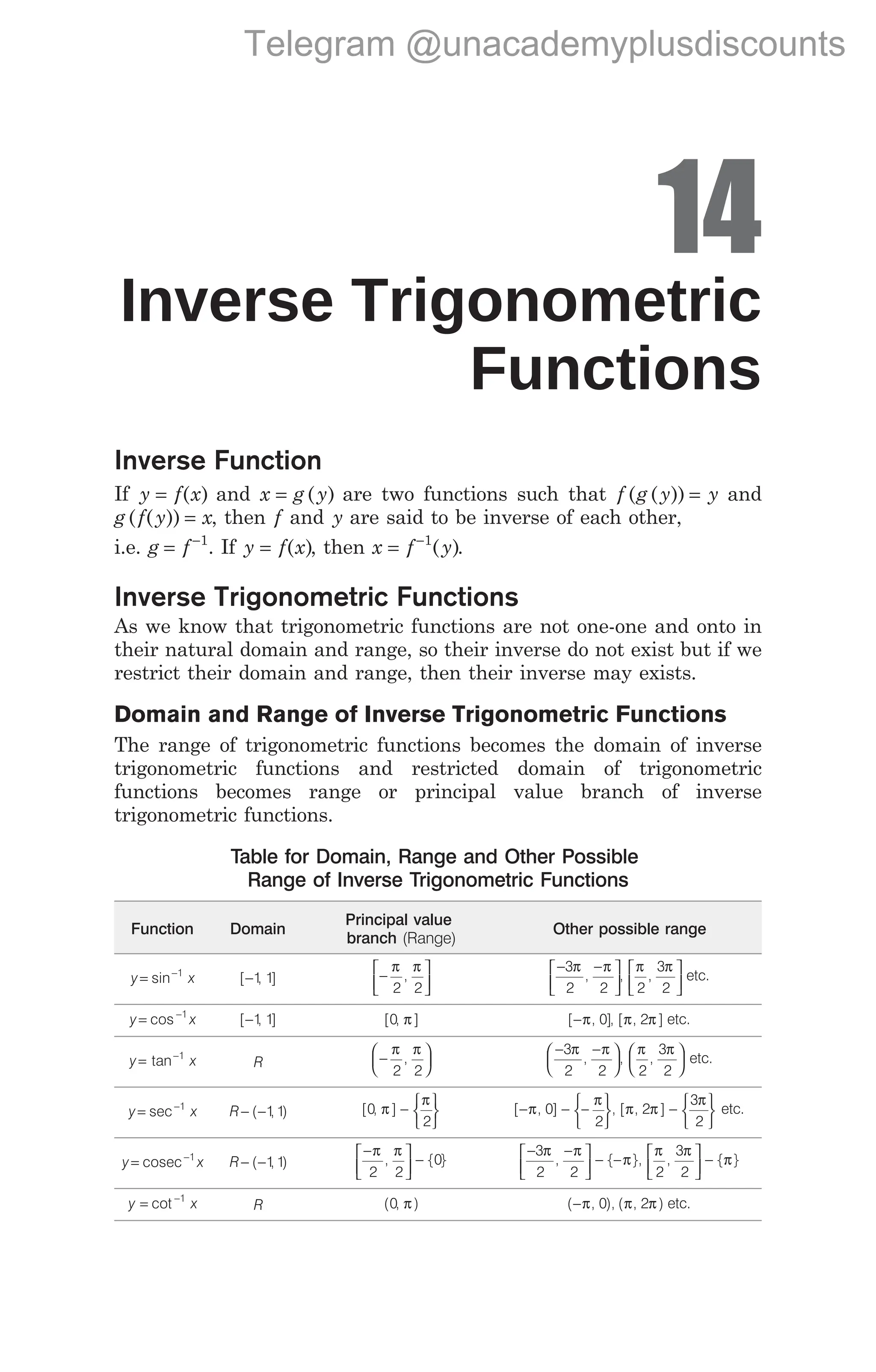14
Inverse Trigonometric
Functions
Inverse Function
If y f x
= ( ) and x g y
= ( ) are two functions such that f g y y
( ( )) = and
g f y x
( ( )) = , then f and y are said to be inverse of each other,
i.e. g f
= −1
. If y f x
= ( ), then x f y
= −1
( ).
Inverse Trigonometric Functions
As we know that trigonometric functions are not one-one and onto in
their natural domain and range, so their inverse do not exist but if we
restrict their domain and range, then their inverse may exists.
Domain and Range of Inverse Trigonometric Functions
The range of trigonometric functions becomes the domain of inverse
trigonometric functions and restricted domain of trigonometric
functions becomes range or principal value branch of inverse
trigonometric functions.
Table for Domain, Range and Other Possible
Range of Inverse Trigonometric Functions
Function Domain
Principal value
branch (Range)
Other possible range
y= sin−1
x [ , ]
−1 1 −






π π
2 2
,
− −






3
2 2
π π
, ,
π π
2
3
2
,






etc.
y= cos −1
x [ , ]
−1 1 [ , ]
0 π [ , ]
−π 0 , [ , ]
π π
2 etc.
y= tan−1
x R −






π π
2 2
,
− −






3
2 2
π π
, ,
π π
2
3
2
,





 etc.
y= sec−1
x R− −
( , )
1 1 [ , ]
0 π − 





π
2
[ , ]
−π 0 − 





–
π
2
, [ , ]
π π
2 − 





3
2
π
etc.
y= cosec−1
x R− −
( , )
1 1
−






π π
2 2
, − { }
0
− −






3
2 2
π π
, − {– }
π ,
π π
2
3
2
,






− { }
π
y = cot −1
x R ( , )
0 π ( , ),
−π 0 ( , )
π π
2 etc.
Telegram @unacademyplusdiscounts
 