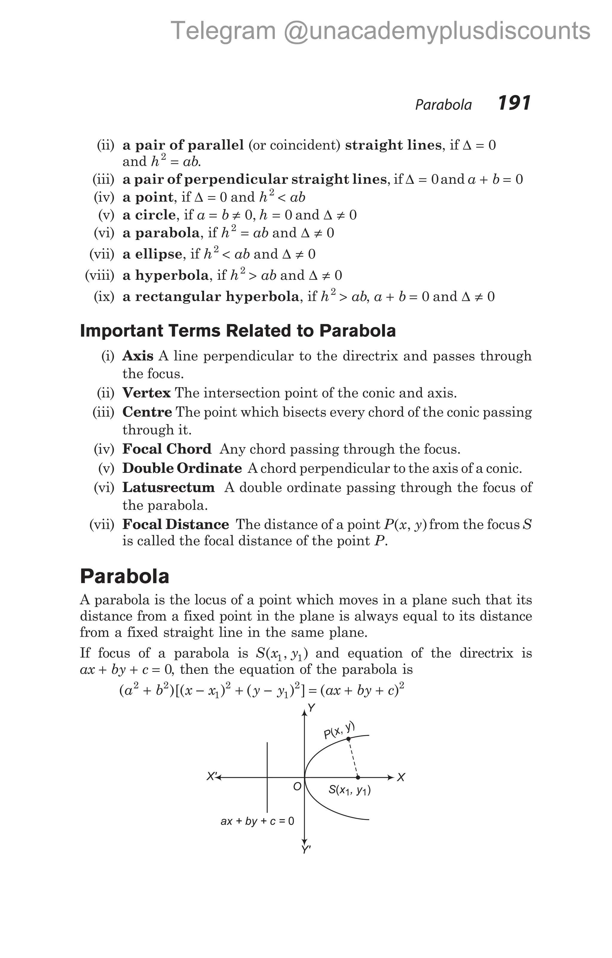 (ii) a pair of parallel (or coincident) straight lines, if ∆ = 0
and h ab
2
= .
(iii) a pair of perpendicular straight lines, if ∆ = 0and a b
+ = 0
(iv) a point, if ∆ = 0 and h ab
2
<
(v) a circle, if a b h
= ≠ =
0 0
, and ∆ ≠ 0
(vi) a parabola, if h ab
2
0
= ≠
and ∆
(vii) a ellipse, if h ab
2
0
< ≠
and ∆
(viii) a hyperbola, if h ab
2
0
> ≠
and ∆
(ix) a rectangular hyperbola, if h ab
2
> , a b
+ = ≠
0 0
and ∆
Important Terms Related to Parabola
(i) Axis A line perpendicular to the directrix and passes through
the focus.
(ii) Vertex The intersection point of the conic and axis.
(iii) Centre The point which bisects every chord of the conic passing
through it.
(iv) Focal Chord Any chord passing through the focus.
(v) Double Ordinate A chord perpendicular to the axis of a conic.
(vi) Latusrectum A double ordinate passing through the focus of
the parabola.
(vii) Focal Distance The distance of a point P x y
( , )from the focus S
is called the focal distance of the point P.
Parabola
A parabola is the locus of a point which moves in a plane such that its
distance from a fixed point in the plane is always equal to its distance
from a fixed straight line in the same plane.
If focus of a parabola is S x y
( , )
1 1 and equation of the directrix is
ax by c
+ + = 0, then the equation of the parabola is
( )[( ) ( ) ]
a b x x y y
2 2
1
2
1
2
+ − + − = + +
( )
ax by c 2
Parabola 191
S x , y
( )
1 1
O
X
P x, y
(
)
Y
Y'
X'
ax + by + c = 0
Telegram @unacademyplusdiscounts
 
