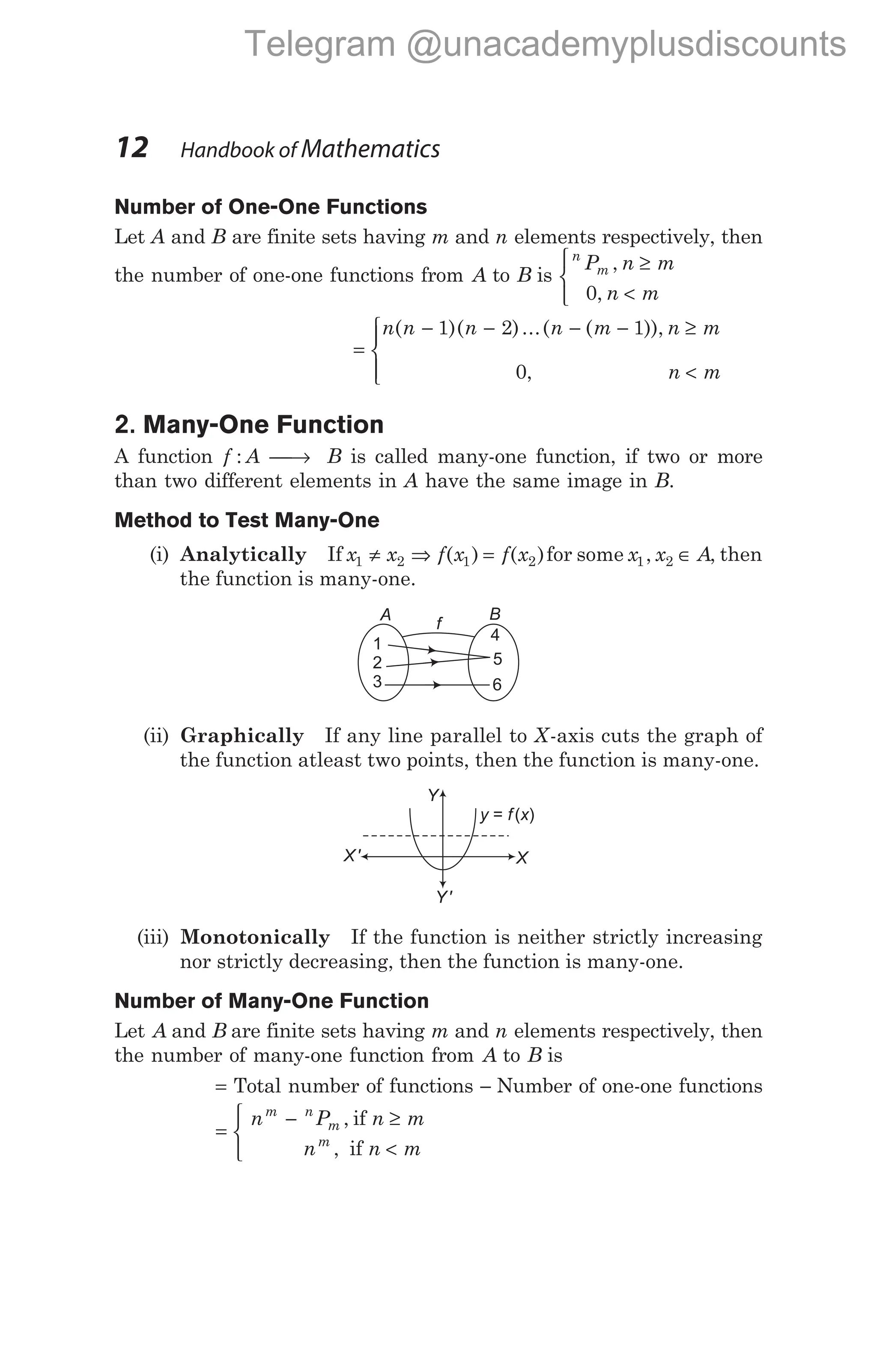 Number of One-One Functions
Let A and B are finite sets having m and n elements respectively, then
the number of one-one functions from A to B is
n
m
P n m
n m
,
,
≥
<


 0
=
− − − − ≥
<





n n n n m n m
n m
( )( )...( ( )),
,
1 2 1
0
2. Many-One Function
A function f : A → B is called many-one function, if two or more
than two different elements in A have the same image in B.
Method to Test Many-One
(i) Analytically If x x f x f x
1 2 1 2
≠ ⇒ =
( ) ( )for some x x A
1 2
, ∈ , then
the function is many-one.
(ii) Graphically If any line parallel to X-axis cuts the graph of
the function atleast two points, then the function is many-one.
(iii) Monotonically If the function is neither strictly increasing
nor strictly decreasing, then the function is many-one.
Number of Many-One Function
Let A and B are finite sets having m and n elements respectively, then
the number of many-one function from A to B is
= Total number of functions − Number of one-one functions
=
− ≥
<



n P n m
n n m
m n
m
m
,
,
if
if
12 Handbook of Mathematics
A
f
B
1
2
3
4
5
6
X' X
Y
Y'
y f x
= ( )
Telegram @unacademyplusdiscounts
 