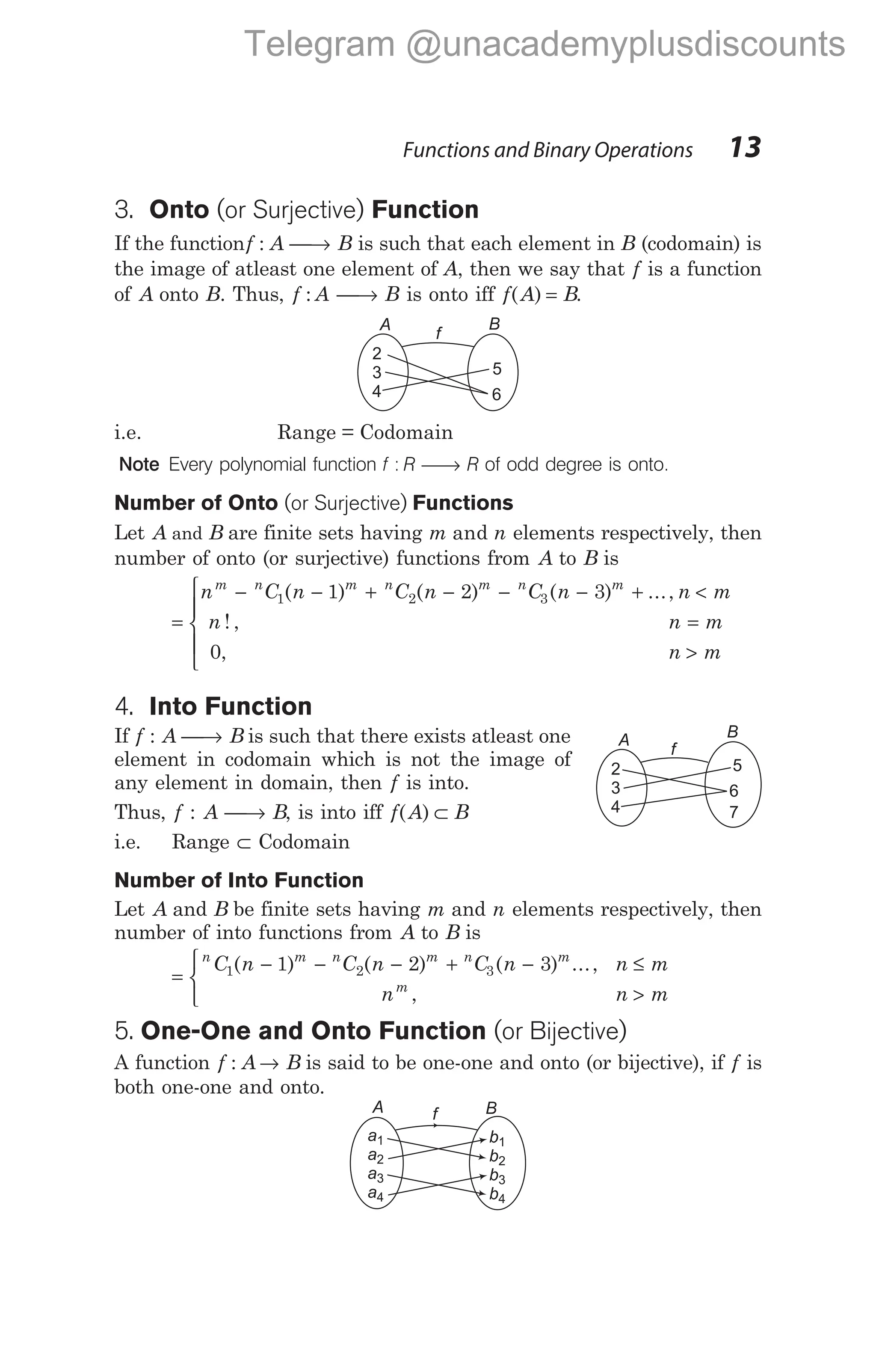 3. Onto (or Surjective) Function
If the functionf A
: → B is such that each element in B (codomain) is
the image of atleast one element of A, then we say that f is a function
of A onto B. Thus, f : A → B is onto iff f A B
( ) = .
i.e. Range = Codomain
Note Every polynomial function f R R
: → of odd degree is onto.
Number of Onto (or Surjective) Functions
Let A and B are finite sets having m n
and elements respectively, then
number of onto (or surjective) functions from A to B is
=
− − + − − − + <
=
n C n C n C n n m
n n m
n
m n m n m n m
1 2 3
1 2 3
0
( ) ( ) ( ) ...,
! ,
, >




 m
4. Into Function
If f : A → B is such that there exists atleast one
element in codomain which is not the image of
any element in domain, then f is into.
Thus, f : A → B, is into iff f A B
( ) ⊂
i.e. Range ⊂ Codomain
Number of Into Function
Let A and B be finite sets having m and n elements respectively, then
number of into functions from A to B is
=
− − − + − ≤
>



n m n m n m
m
C n C n C n n m
n n m
1 2 3
1 2 3
( ) ( ) ( ) ...,
,
5. One-One and Onto Function (or Bijective)
A function f A B
: → is said to be one-one and onto (or bijective), if f is
both one-one and onto.
Functions and Binary Operations 13
A
f
B
2
3
4
5
6
7
A f B
a
a
a
a
1
2
3
4
b
b
b
b
1
2
3
4
A
f
B
2
3
4
5
6
Telegram @unacademyplusdiscounts
 