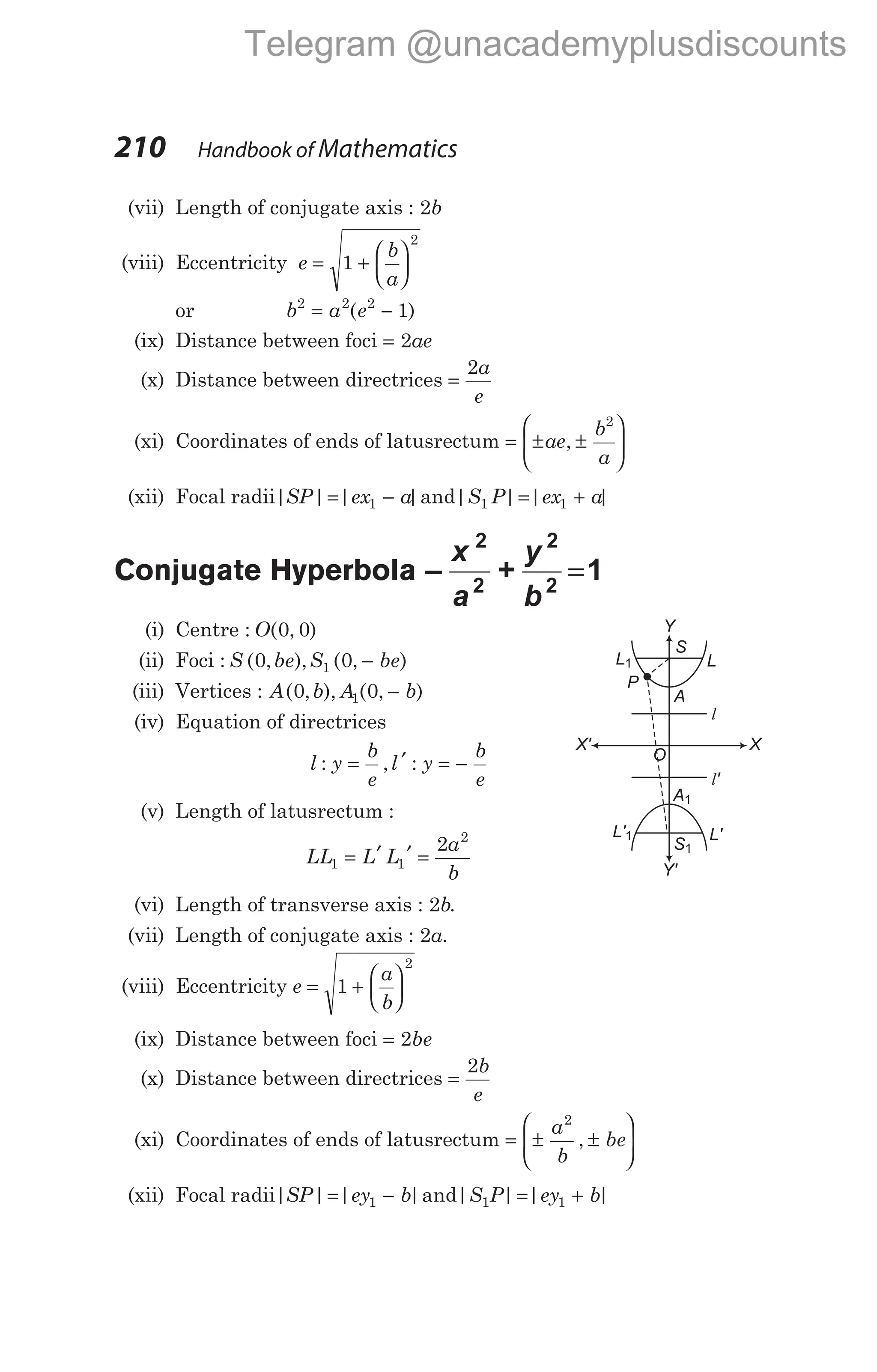 (vii) Length of conjugate axis : 2b
(viii) Eccentricity e
b
a
= +






1
2
or b a e
2 2 2
1
= −
( )
(ix) Distance between foci = 2ae
(x) Distance between directrices =
2a
e
(xi) Coordinates of ends of latusrectum = ± ±






ae
b
a
,
2
(xii) Focal radii| | | |
SP ex a
= −
1 and| | | |
S P ex a
1 1
= +
Conjugate Hyperbola –
x
a
+
y
b
2
2
2
2
1
=
(i) Centre : O( , )
0 0
(ii) Foci : S be S be
( , ), ( , )
0 0
1 −
(iii) Vertices : A b A b
( , ), ( , )
0 0
1 −
(iv) Equation of directrices
l y
b
e
l y
b
e
: , :
= ′ = −
(v) Length of latusrectum :
LL L L
a
b
1 1
2
2
= ′ ′ =
(vi) Length of transverse axis : 2b.
(vii) Length of conjugate axis : 2a.
(viii) Eccentricity e
a
b
= +






1
2
(ix) Distance between foci = 2be
(x) Distance between directrices =
2b
e
(xi) Coordinates of ends of latusrectum = ± ±






a
b
be
2
,
(xii) Focal radii| | | |
SP ey b
= −
1 and| | | |
S P ey b
1 1
= +
210 Handbook of Mathematics
A1
A
L1
L'1
l'
l
O
X
Y'
L'
L
X'
Y
S
S1
P
Telegram @unacademyplusdiscounts
 