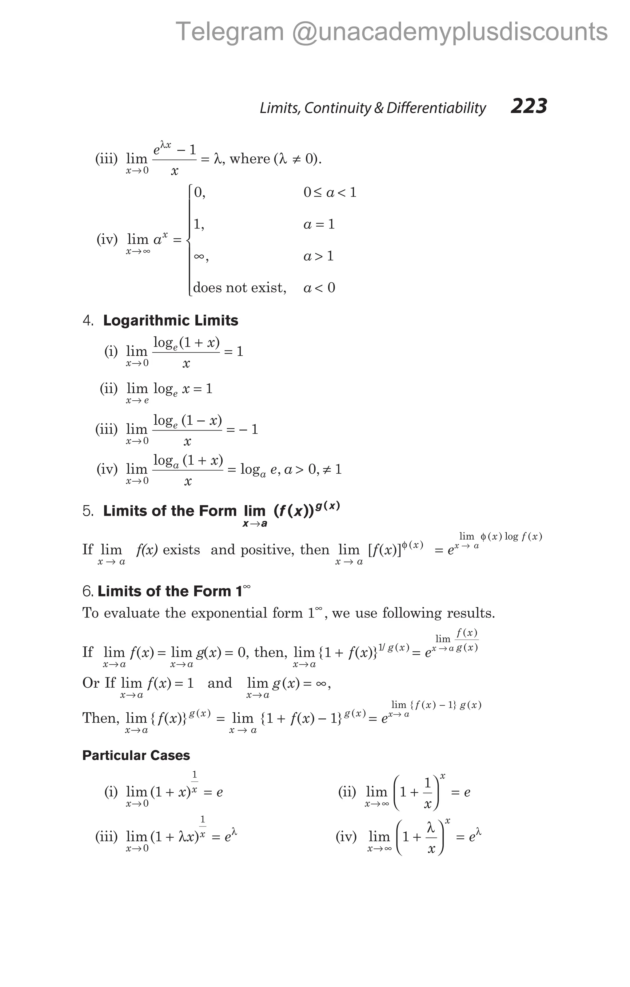(iii) lim
x
x
e
x
→
−
=
0
1
λ
λ, where ( ).
λ ≠ 0
(iv) lim
x
x
a
→∞
=
∞









≤ <
=
>
<
0
1
0 1
1
1
0
,
,
,
,
does not exist
a
a
a
a
4. Logarithmic Limits
(i) lim
log ( )
x
e x
x
→
+
=
0
1
1
(ii) lim log
x e
e x
→
= 1
(iii) lim
log ( )
x
e x
x
→
−
= −
0
1
1
(iv) lim
log ( )
log , ,
x
a
a
x
x
e a
→
+
= > ≠
0
1
0 1
5. Limits of the Form lim ( ( )) ( )
x a
g x
f x
→
If lim
x a
→
f(x) exists and positive, then lim [ ( )] ( )
x a
x
f x
→
φ
= →
ex a
x f x
lim ( ) log ( )
φ
6. Limits of the Form 1∞
To evaluate the exponential form 1∞
, we use following results.
If lim ( ) lim ( ) ,
x a x a
f x g x
→ →
= = 0 then, lim { ( )} / ( )
lim
( )
( )
x a
g x
f x
g x
f x ex a
→
+ = →
1 1
Or If lim ( )
x a
f x
→
= 1 and lim ( ) ,
x a
g x
→
= ∞
Then, lim { ( )} lim { ( ) }
( ) ( )
lim { ( )
x a
g x
x a
g x
f x
f x f x ex a
→ →
= + − = →
1 1
− 1} ( )
g x
Particular Cases
(i) lim( )
x
x
x e
→
+ =
0
1
1 (ii) lim
x
x
x
e
→∞
+





 =
1
1
(iii) lim( )
x
x
x e
→
+ =
0
1
1 λ λ
(iv) lim
x
x
x
e
→∞
+





 =
1
λ λ
Limits, Continuity & Differentiability 223
Telegram @unacademyplusdiscounts
 