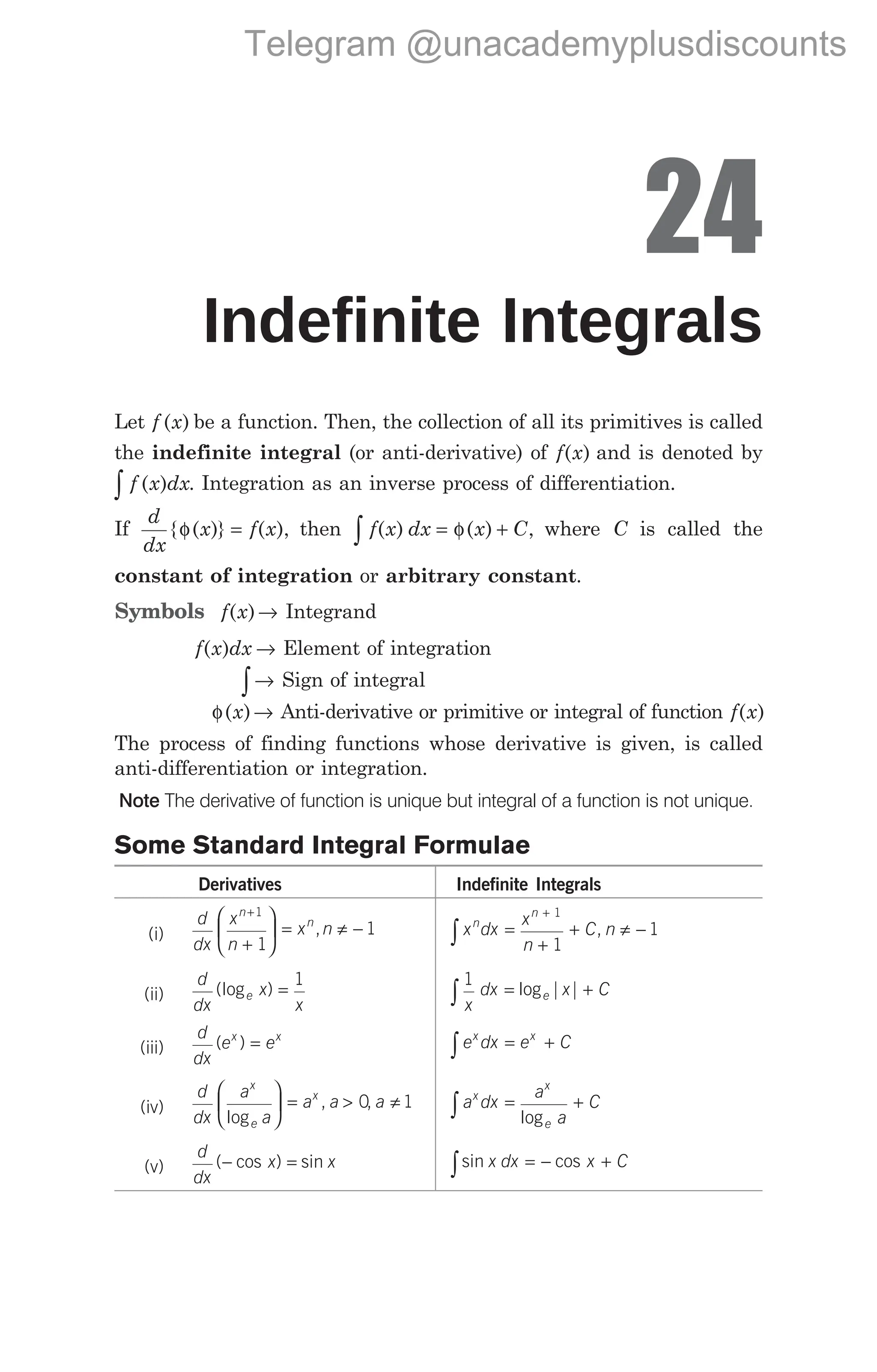 24
Indefinite Integrals
Let f x
( ) be a function. Then, the collection of all its primitives is called
the indefinite integral (or anti-derivative) of f x
( ) and is denoted by
f x dx
( )
∫ . Integration as an inverse process of differentiation.
If
d
dx
x f x
{ ( )} ( ),
φ = then f x dx x C
( ) ( ) ,
∫ = φ + where C is called the
constant of integration or arbitrary constant.
Symbols f x
( )→ Integrand
f x dx
( ) → Element of integration
→
∫ Sign of integral
φ →
( )
x Anti-derivative or primitive or integral of function f x
( )
The process of finding functions whose derivative is given, is called
anti-differentiation or integration.
Note The derivative of function is unique but integral of a function is not unique.
Some Standard Integral Formulae
Derivatives Indefinite Integrals
(i)
d
dx
x
n
x n
n
n
+
+





 = ≠ −
1
1
1
, x dx
x
n
C n
n
n
∫ =
+
+ ≠ −
+ 1
1
1
,
(ii)
d
dx
x
x
e
(log ) =
1 1
x
dx x C
e
∫ = +
log | |
(iii)
d
dx
e e
x x
( ) = e dx e C
x x
∫ = +
(iv)
d
dx
a
a
a a a
x
e
x
log
, ,





 = > ≠
0 1 a dx
a
a
C
x
x
e
∫ = +
log
(v)
d
dx
x x
( cos ) sin
− = sin cos
∫ = − +
x dx x C
Telegram @unacademyplusdiscounts
 