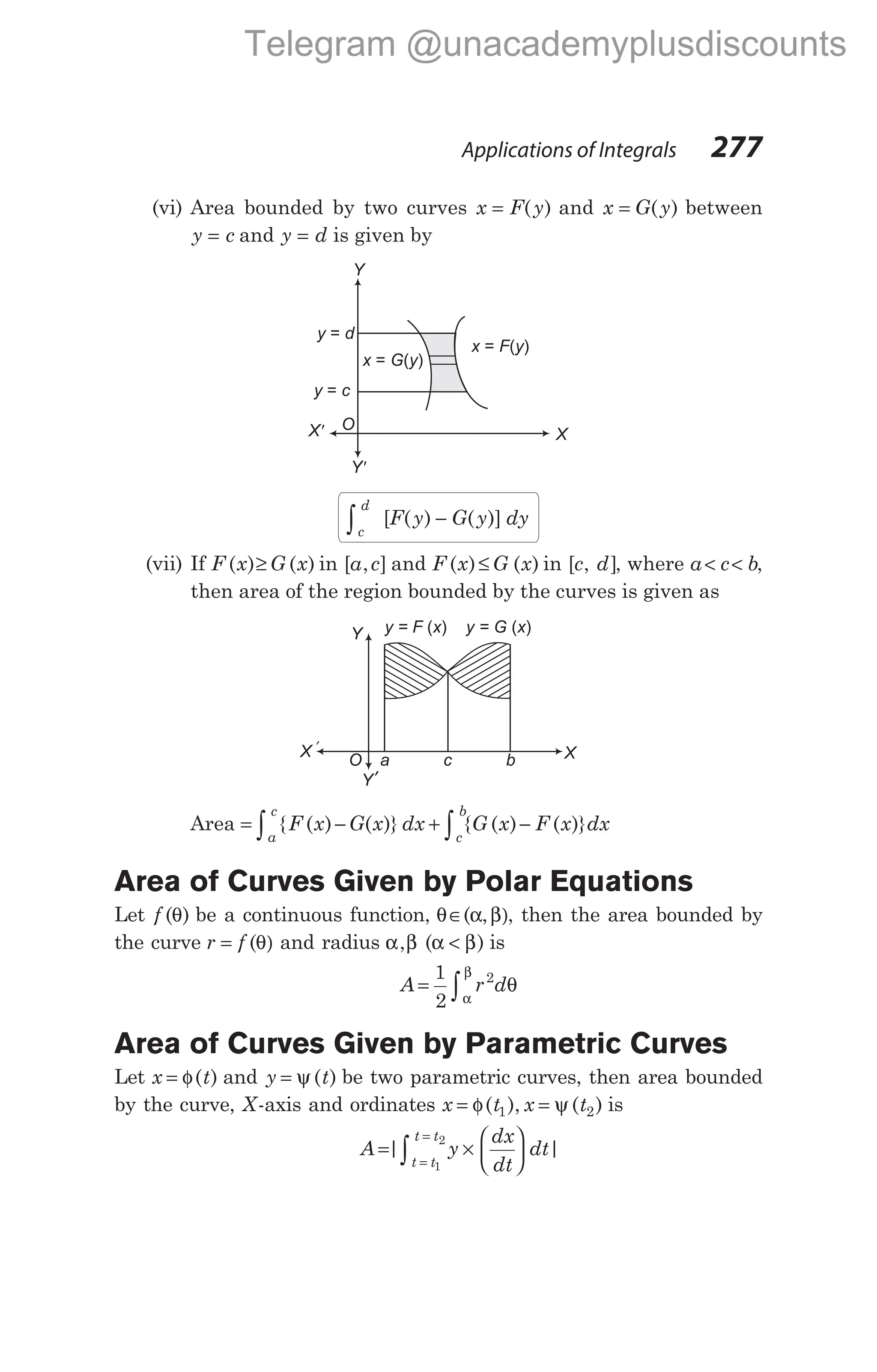 (vi) Area bounded by two curves x F y
= ( ) and x G y
= ( ) between
y c
= and y d
= is given by
c
d
F y G y dy
∫ −
[ ( ) ( )]
(vii) If F x G x
( ) ( )
≥ in [ , ]
a c and F x G x
( ) ( )
≤ in [ , ]
c d , where a c b
< < ,
then area of the region bounded by the curves is given as
Area = − + −
∫
∫ { ( ) ( )} { ( ) ( )}
F x G x dx G x F x dx
c
b
a
c
Area of Curves Given by Polar Equations
Let f ( )
θ be a continuous function, θ α,β)
∈( , then the area bounded by
the curve r f
= (θ) and radius α β α β
, ( )
< is
A r d
= ∫
1
2
2
θ
α
β
Area of Curves Given by Parametric Curves
Let x t
= φ( ) and y t
= ψ ( ) be two parametric curves, then area bounded
by the curve, X-axis and ordinates x t x t
= =
φ ψ
( ), ( )
1 2 is
A y
dx
dt
dt
t t
t t
= ×






=
=
∫
| |
1
2
Applications of Integrals 277
X'
Y'
Y
X
O
y c
=
x F y
= ( )
x G y
= ( )
y d
=
Y
X
X ′
Y′
y = F x
( ) y = G x
( )
a c b
O
Telegram @unacademyplusdiscounts
 
