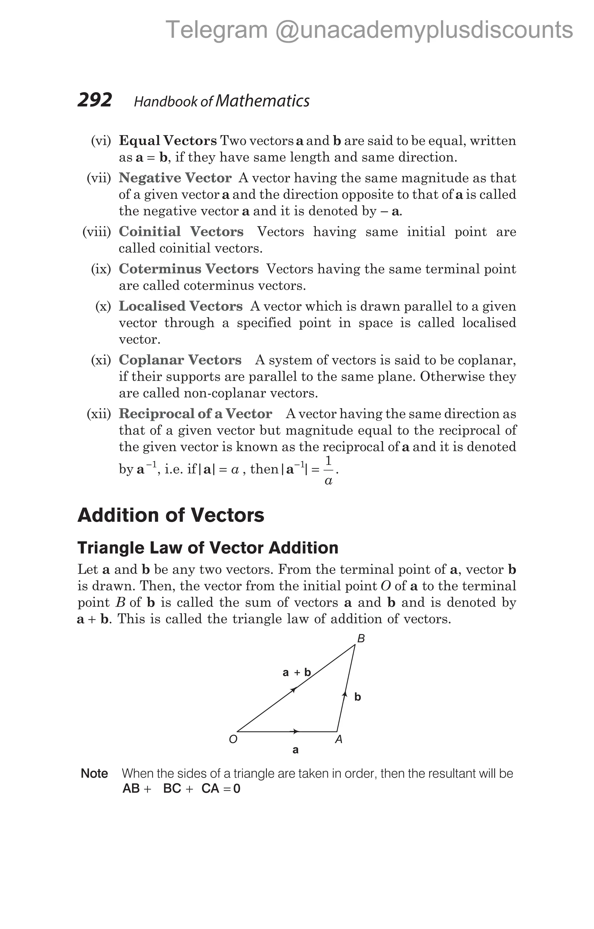 (vi) Equal Vectors Two vectorsaand b are said to be equal, written
as a b
= , if they have same length and same direction.
(vii) Negative Vector A vector having the same magnitude as that
of a given vectora and the direction opposite to that of a is called
the negative vector a and it is denoted by − a.
(viii) Coinitial Vectors Vectors having same initial point are
called coinitial vectors.
(ix) Coterminus Vectors Vectors having the same terminal point
are called coterminus vectors.
(x) Localised Vectors A vector which is drawn parallel to a given
vector through a specified point in space is called localised
vector.
(xi) Coplanar Vectors A system of vectors is said to be coplanar,
if their supports are parallel to the same plane. Otherwise they
are called non-coplanar vectors.
(xii) Reciprocal of a Vector A vector having the same direction as
that of a given vector but magnitude equal to the reciprocal of
the given vector is known as the reciprocal of a and it is denoted
by a−1
, i.e. if| |
a = a , then| | .
a−
=
1 1
a
Addition of Vectors
Triangle Law of Vector Addition
Let a and b be any two vectors. From the terminal point of a, vector b
is drawn. Then, the vector from the initial point O of a to the terminal
point B of b is called the sum of vectors a and b and is denoted by
a b
+ . This is called the triangle law of addition of vectors.
Note When the sides of a triangle are taken in order, then the resultant will be
AB BC CA 0
+ + =
292 Handbook of Mathematics
O A
B
a b
+
b
a
Telegram @unacademyplusdiscounts
 