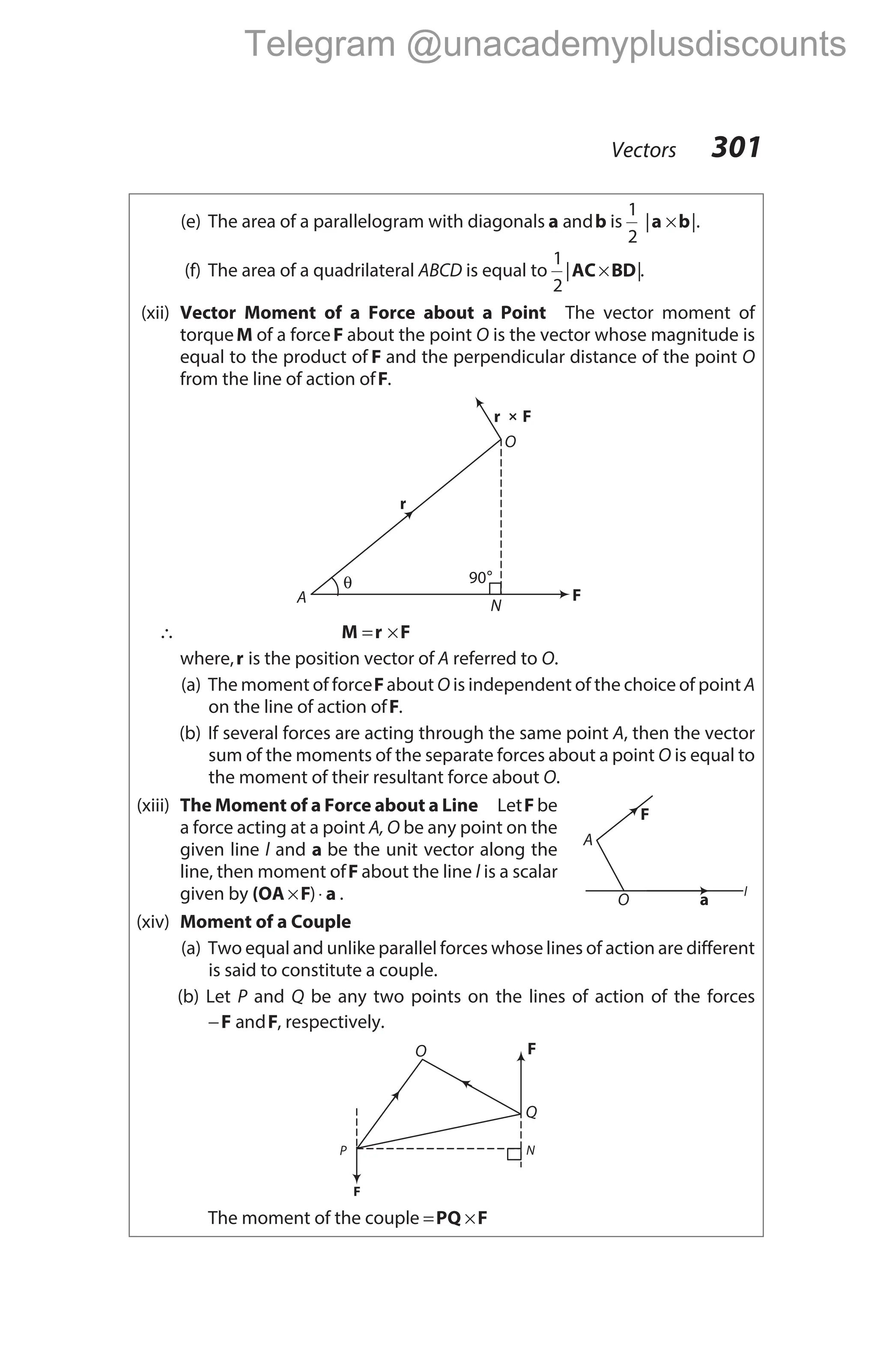 (e) The area of a parallelogram with diagonals a b
and is
1
2
| |.
a b
×
(f) The area of a quadrilateral ABCD is equal to
1
2
| |
AC BD
× .
(xii) Vector Moment of a Force about a Point The vector moment of
torqueM of a forceF about the point O is the vector whose magnitude is
equal to the product of F and the perpendicular distance of the point O
from the line of action ofF.
∴ M r F
= ×
where,r is the position vector of A referred to O.
(a) The moment of forceFabout O is independent of the choice of point A
on the line of action ofF.
(b) If several forces are acting through the same point A, then the vector
sum of the moments of the separate forces about a point O is equal to
the moment of their resultant force about O.
(xiii) The Moment of a Force about a Line LetF be
a force acting at a point A, O be any point on the
given line l and a be the unit vector along the
line, then moment ofF about the line l is a scalar
given by (OA F a
× ⋅
) .
(xiv) Moment of a Couple
(a) Two equal and unlike parallel forces whose lines of action are different
is said to constitute a couple.
(b) Let P and Q be any two points on the lines of action of the forces
−F F
and , respectively.
The moment of the couple = ×
PQ F
Vectors 301
A
θ
r
F
r
F
O
×
90°
N
F
a
O
A
l
F
F
O
Q
N
P
Telegram @unacademyplusdiscounts
 