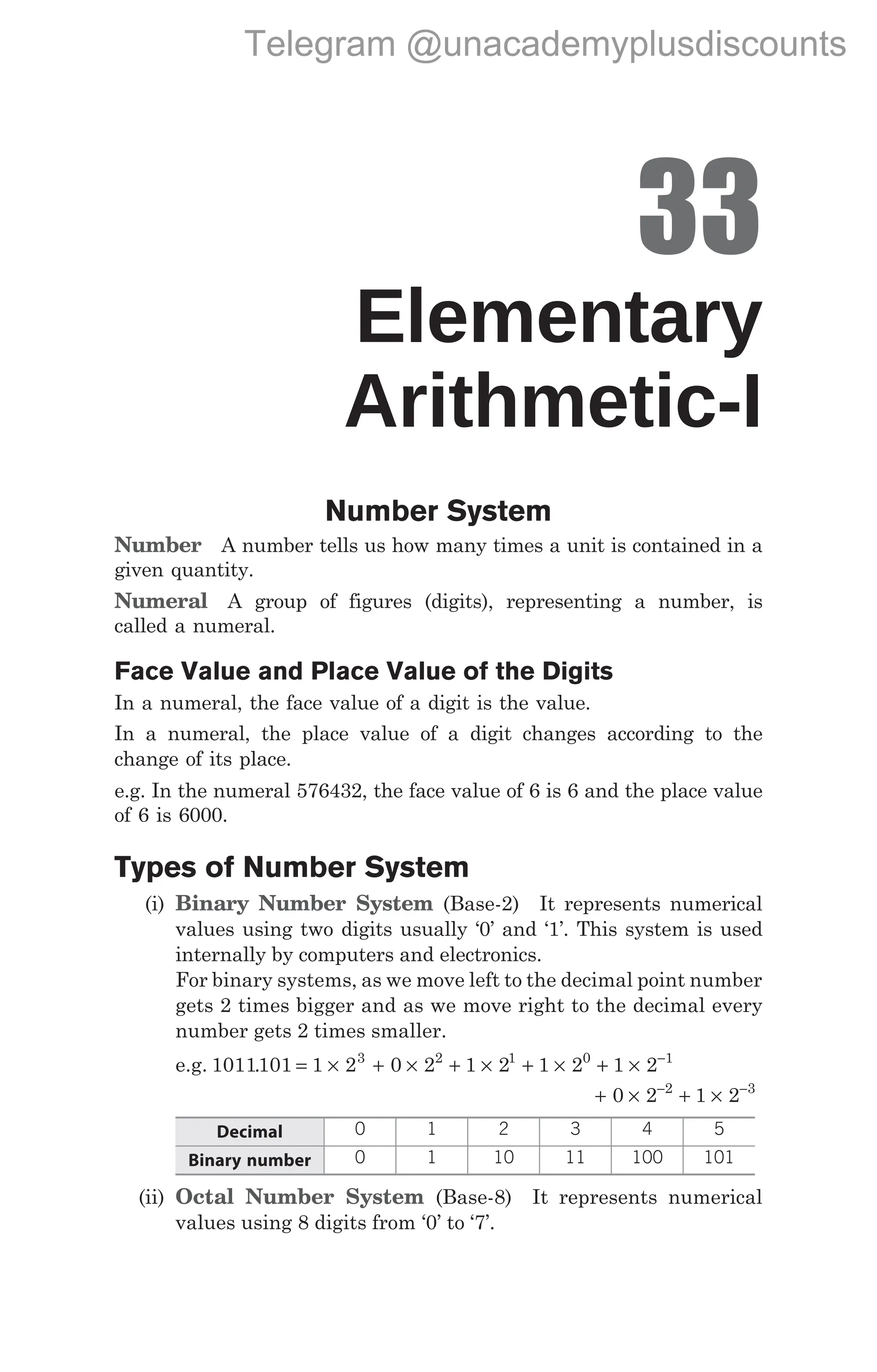 33
Elementary
Arithmetic-I
Number System
Number A number tells us how many times a unit is contained in a
given quantity.
Numeral A group of figures (digits), representing a number, is
called a numeral.
Face Value and Place Value of the Digits
In a numeral, the face value of a digit is the value.
In a numeral, the place value of a digit changes according to the
change of its place.
e.g. In the numeral 576432, the face value of 6 is 6 and the place value
of 6 is 6000.
Types of Number System
(i) Binary Number System (Base-2) It represents numerical
values using two digits usually ‘0’ and ‘1’. This system is used
internally by computers and electronics.
For binary systems, as we move left to the decimal point number
gets 2 times bigger and as we move right to the decimal every
number gets 2 times smaller.
e.g. 1011101
. = × + × + × + × + × −
1 2 0 2 1 2 1 2 1 2
3 2 1 0 1
+ × + ×
− −
0 2 1 2
2 3
Decimal 0 1 2 3 4 5
Binary number 0 1 10 11 100 101
(ii) Octal Number System (Base-8) It represents numerical
values using 8 digits from ‘0’ to ‘7’.
Telegram @unacademyplusdiscounts
 